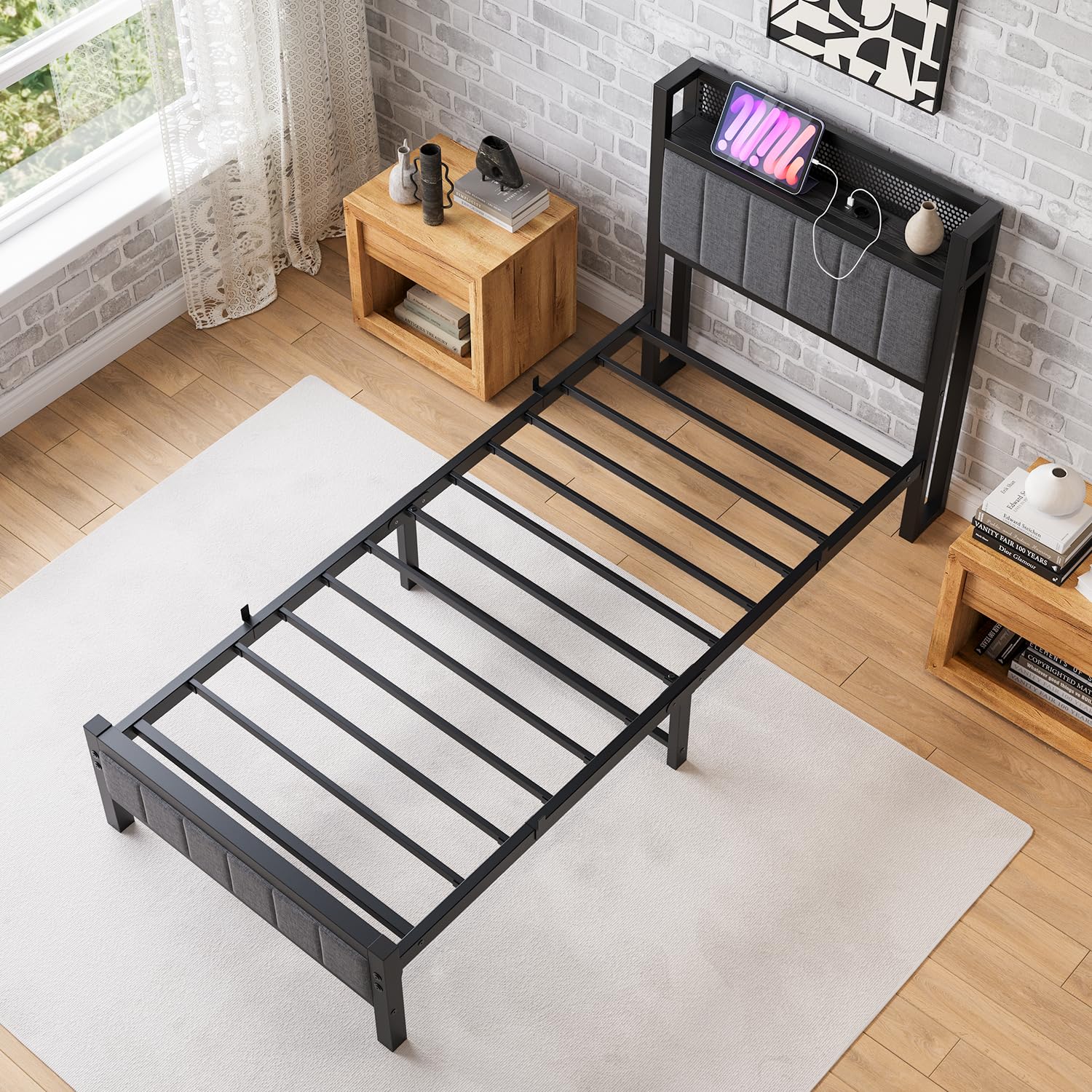 Bettrahmen mit Ladestation Einzelbett Gästebett Metallbett Polsterbett 90x200 Bettgestell aus Metall,Jugendbett mit Lattenrost Kopfteil in Grau,für Schlafzimmer Gästezimmer