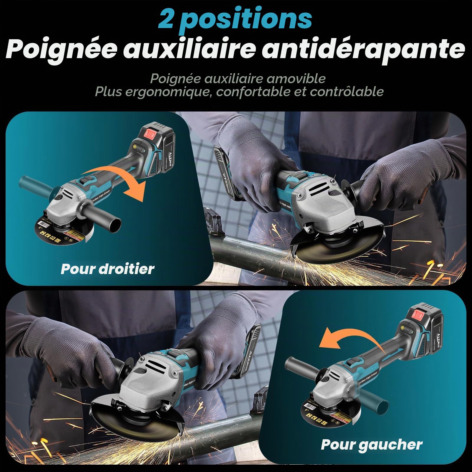 Meuleuse d'angle sans fil Compatible avec Batterie Makita 18V, 125mm Disqueuse 9000tr/min, 2×3.0Ah Batterie Avec 5 Disques à Tronçonner &2 Disques à Lamelles Pour Couper, Polir et Poncer