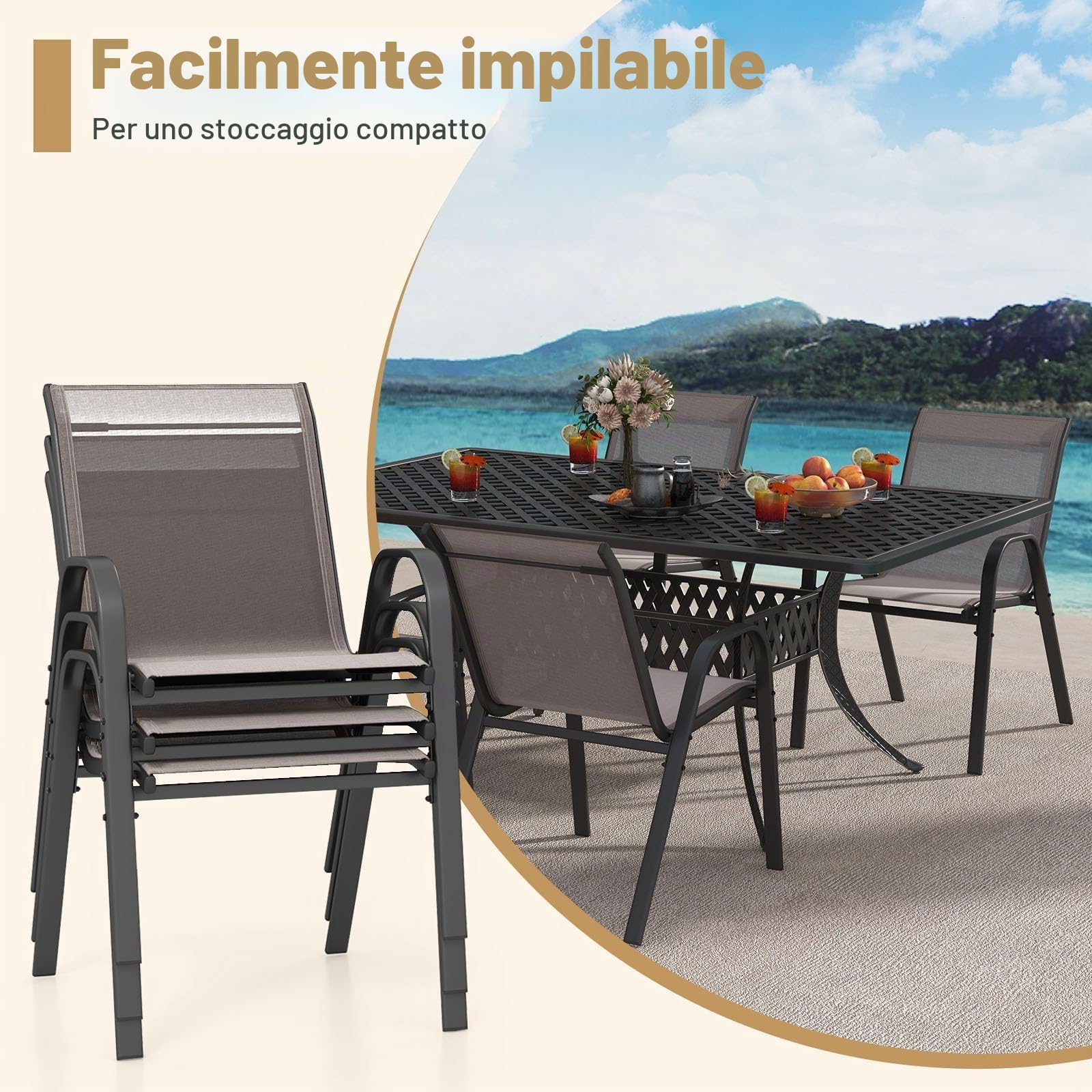 FANTASK Sedie da giardino impilabili, da terrazza, da balcone in textilene e struttura in metallo, set da 4 sedie impilabili con braccioli, portata fino a 150 kg, 56 x 70 x 84 cm (grigio)