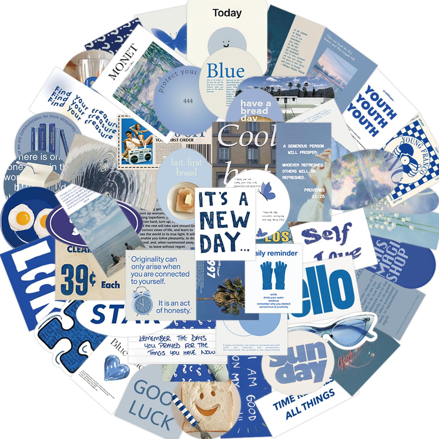 57pcs Blue Aesthetic Stickers for Water Bottle, Cool Trendy Aesthetic Stickers for Scrapbook, Vinyl Waterproof Sticker for Laptop Luggage Journal
