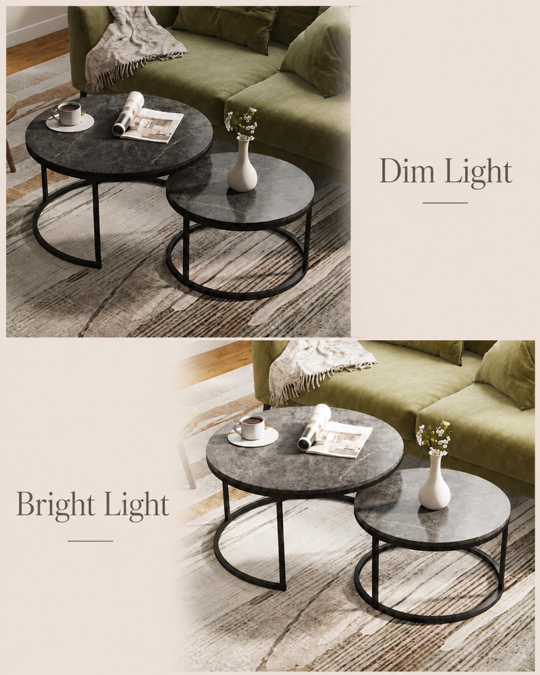 Mesa de Centro Redonda Moderna 2 Piezas 80+60 cm, Mesas Auxiliares para Salón Efecto Mármol Gris y Estructura Metálica Gris Mesa Centro Salon Elegante para Muebles de Salón