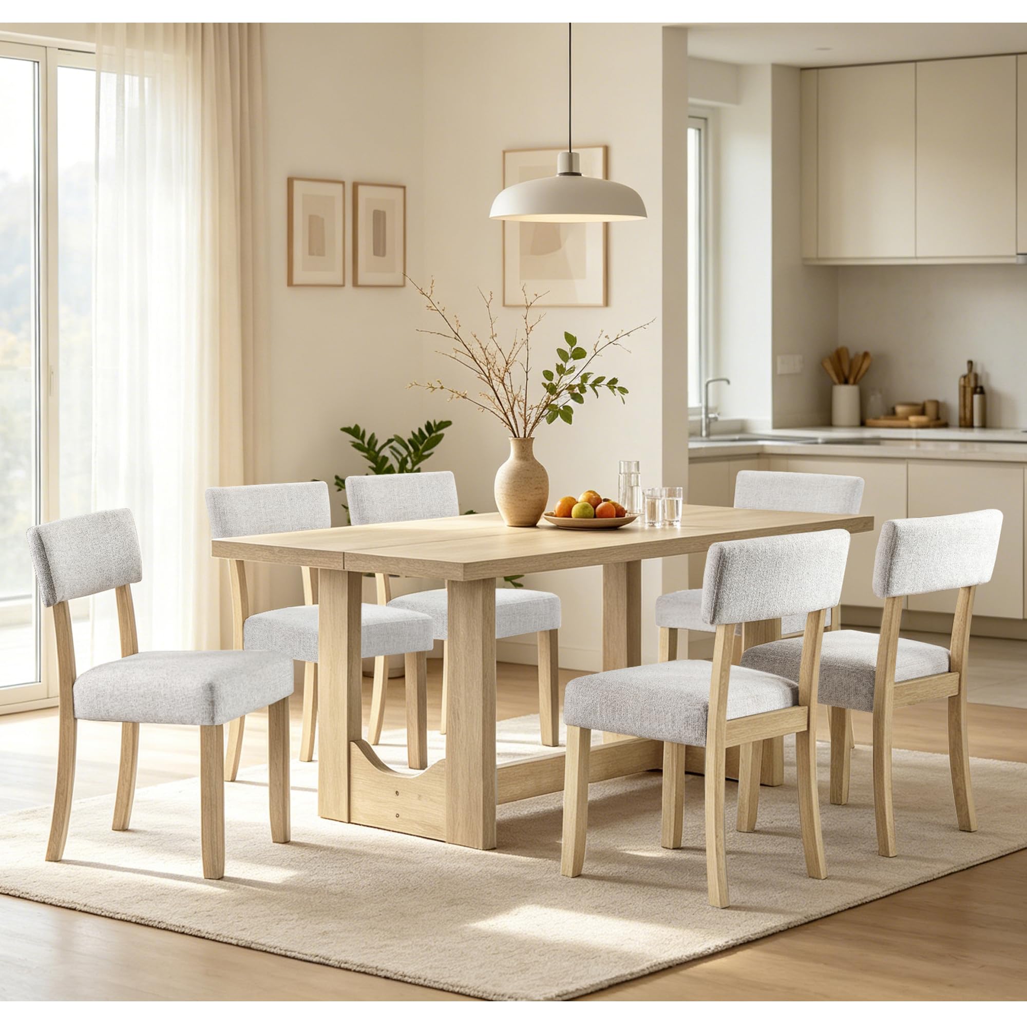 KEIKI 7-Piece Standard Height Dining Table Set with Rectangular Table, 6 Upholstered Curved Backrset Chair, for 6 Person, Modern Style Table Set, Easy Assembly, for Kitchen, Dining Room, Light Oak