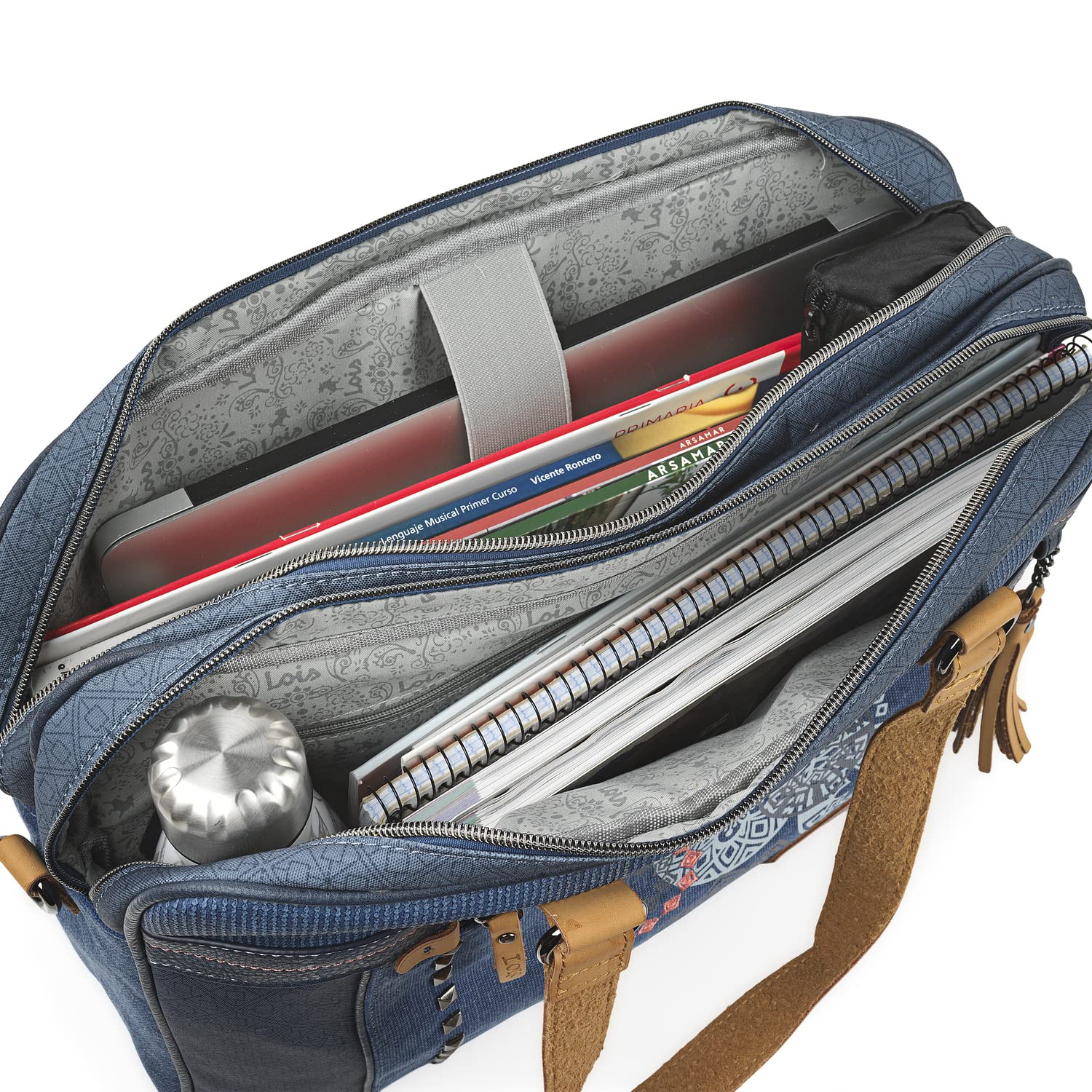 Lois - Bolso maletin Portatil para trabajo Mujer. Portadocumentos ordenador 15 6 pulgadas. Piel PU y Lona con Asa Bandolera Desmontable 310539