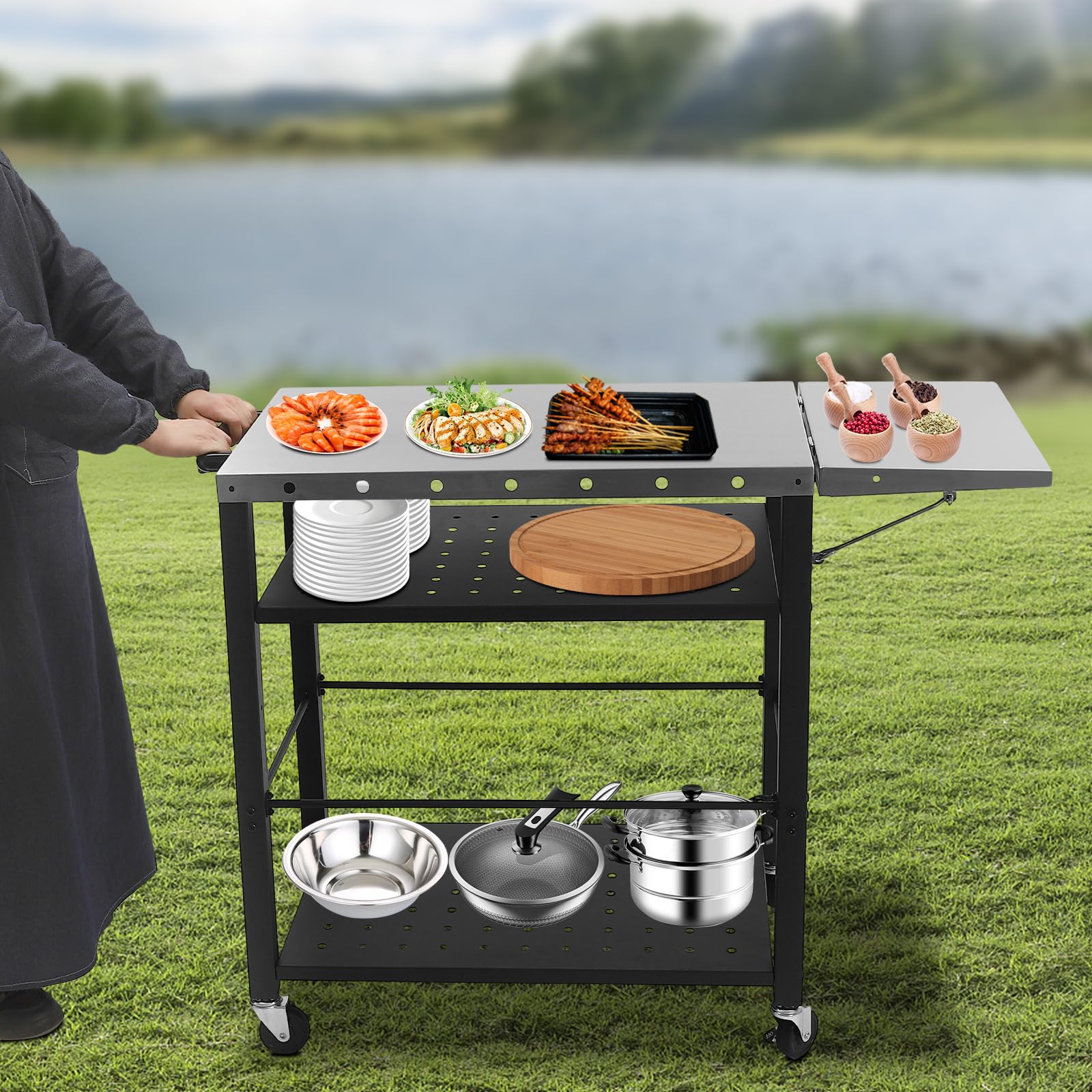 Grill na kółkach, stół do grillowania na zewnątrz, z płytą ze stali nierdzewnej, składany stół boczny stół kempingowy, metalowy wózek do serwowania, duża powierzchnia robocza do użytku na zewnątrz