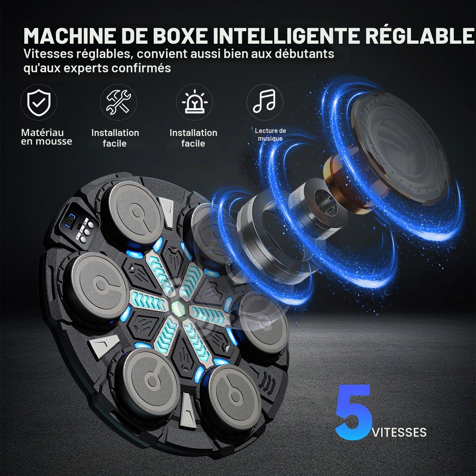 Machine de boxe musicale pour enfants, avec musique, gants de boxe, 6 modes de vitesse et 3 modes de numéro, Bluetooth, avec câble de charge USB, lumière LED pour enfants/adultes