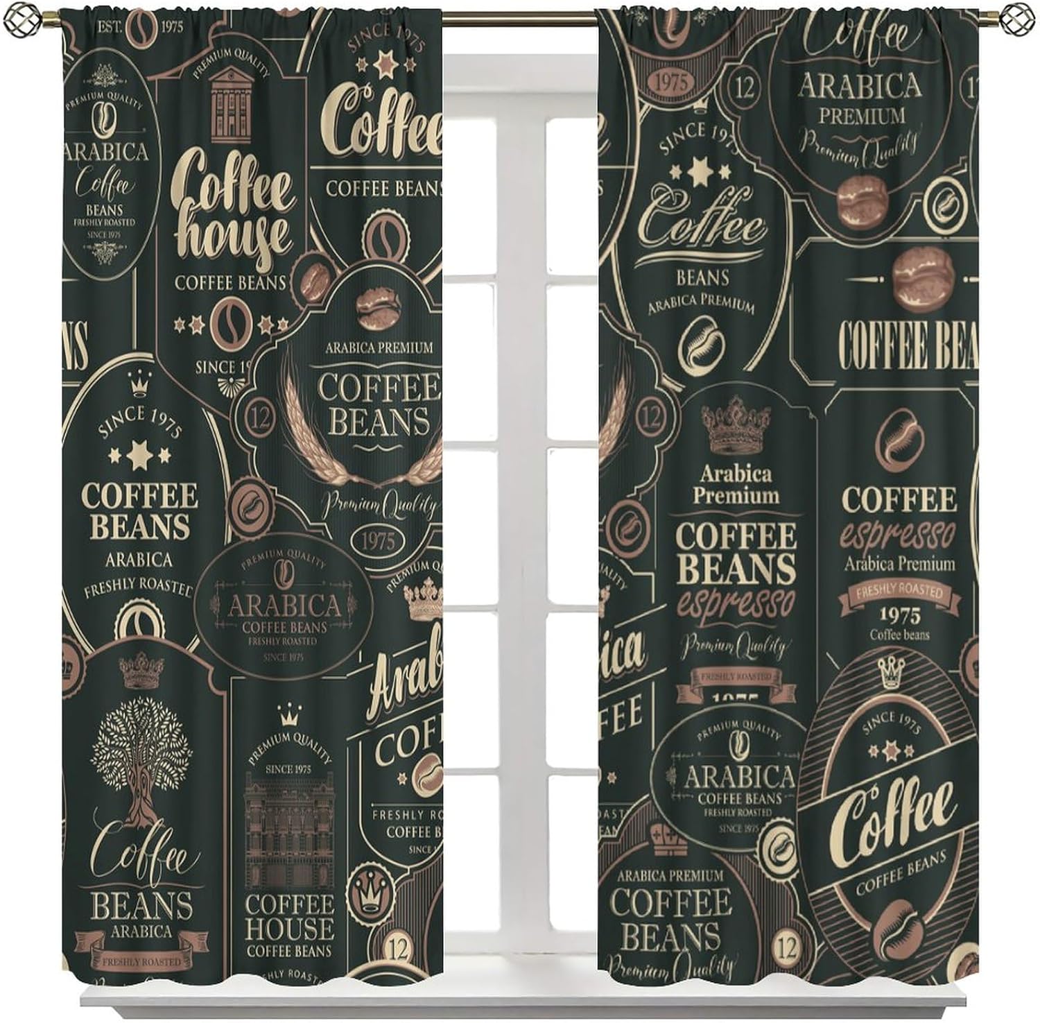 Coffee Theme Kitchen Curtains,Rod Pocket Rustic Vintage Latte Cappuccino Cafe Curtains Farmhouse Cafe Beans Drink Decor Modern Small Short Window Drapes Fabric Set 2 Panels 72 x 63 Inch