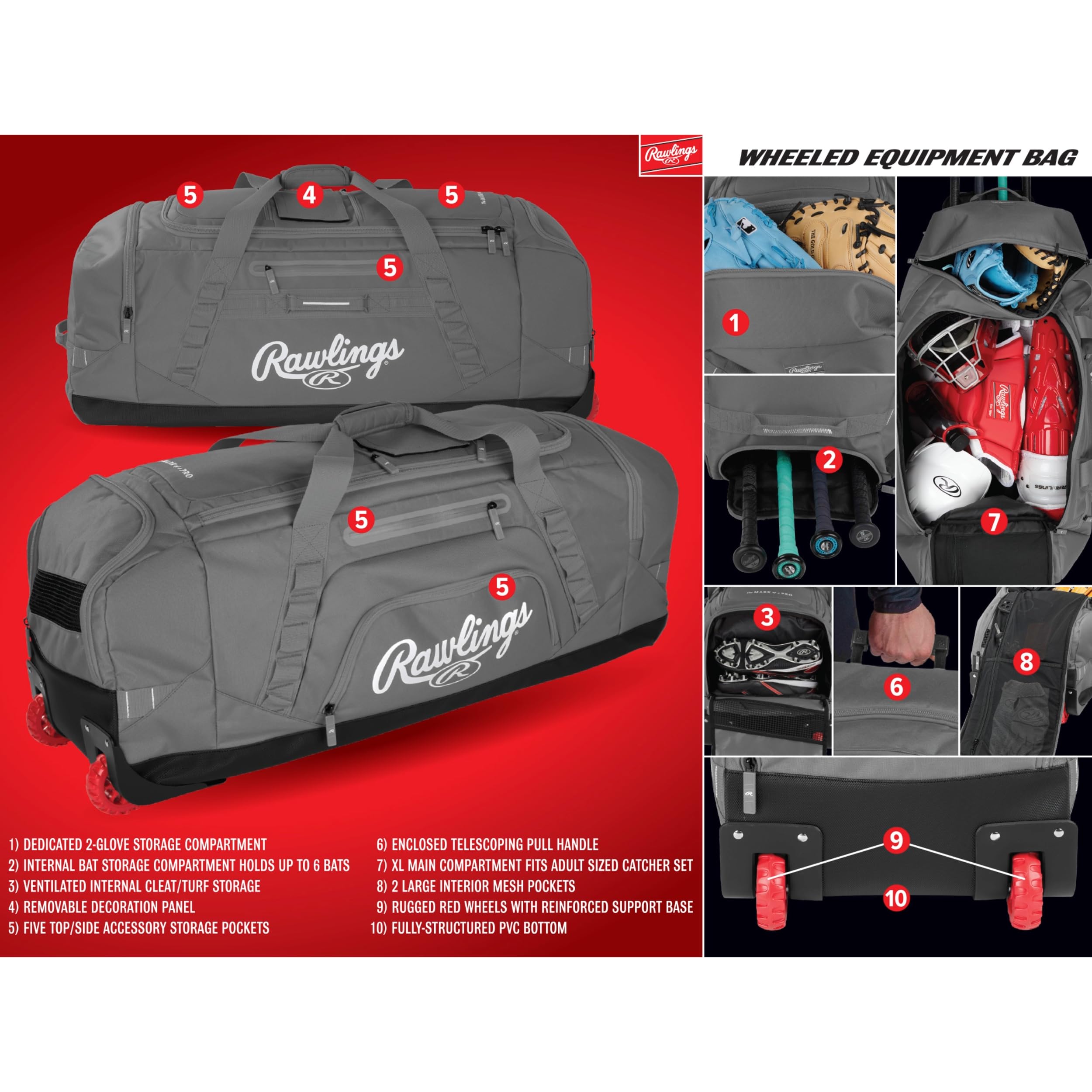 Amazon.com : Rawlings | YADI 2.0 Wheeled Catcher's Bag | Yadier