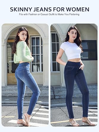Pull on Skinny Jeans for Women, Stretchy High Waisted Leggings Trendy Tummy Control Demin Jegging with Pockets