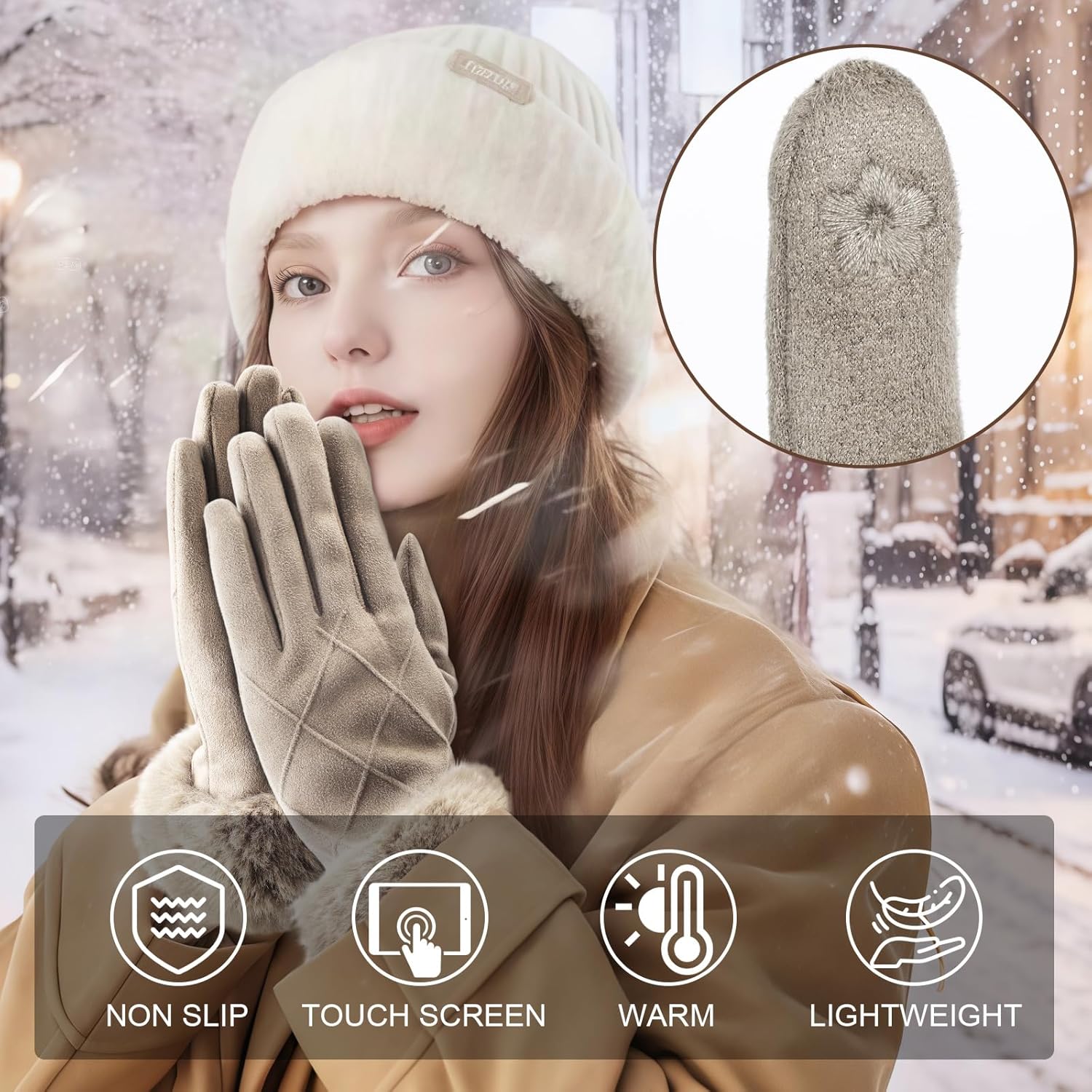 Women's Winter Suede Gloves with Fur Cuffs, Soft, Warm, Touchscreen, Fleece Lined - Image 5