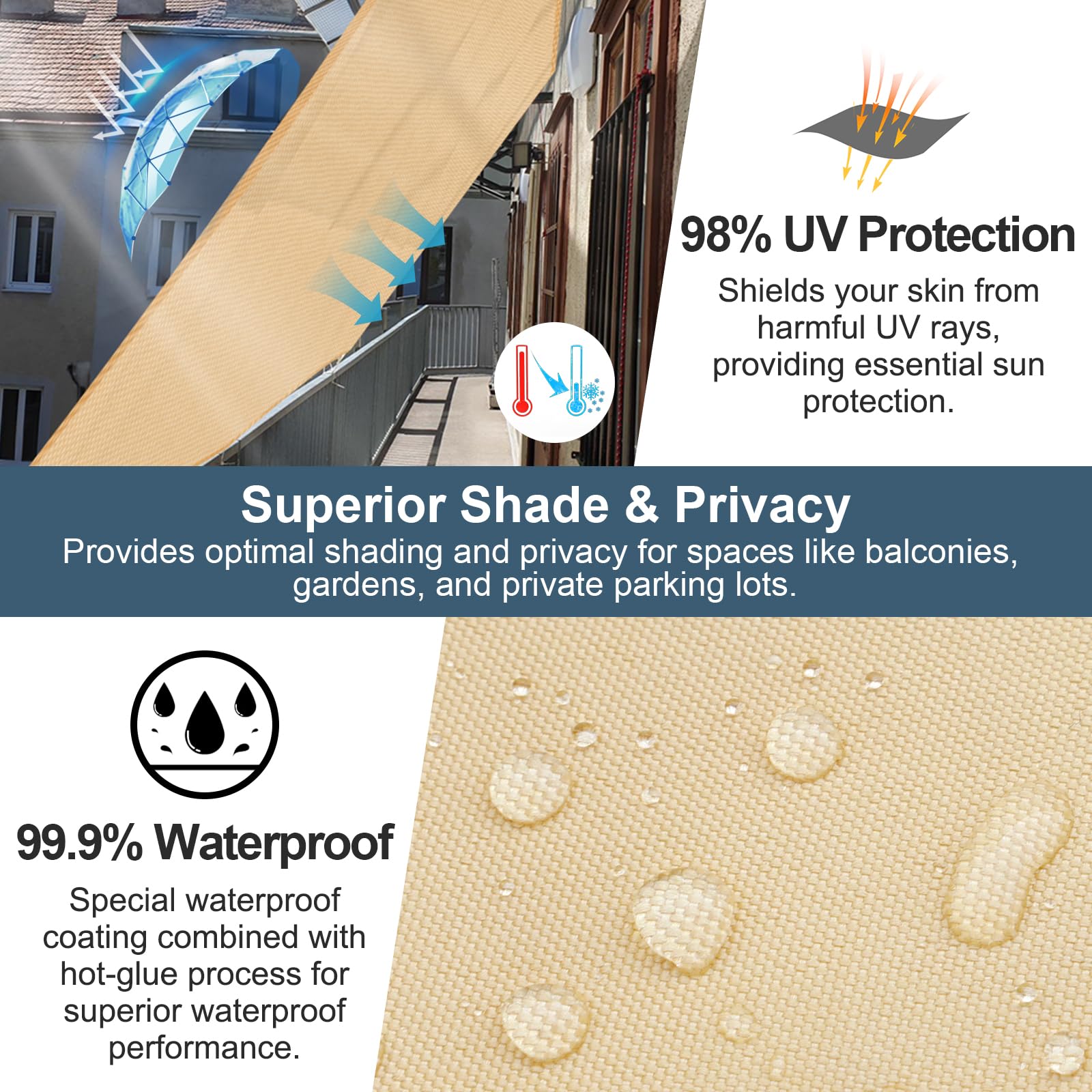 Cool Area Vela ombreggiante Rettangolare 4x6m Impermeabile Tenda a Vela Protezione 95% Raggi UV Parasole per Giardino Esterno Terrazza-Sabbia