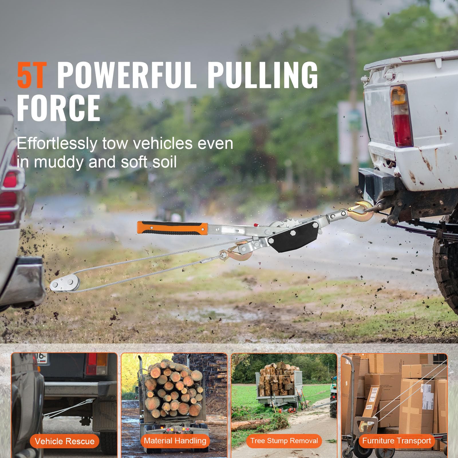 Happybuy Come Along Winch, 5 Ton (11,023 lbs) Pulling Capacity, 11.5 ft Steel Cable, 3 Hooks, Heavy Duty Ratchet Power Puller with Dual Gears, Automotive Hoist Cable Puller for Vehicle Rescue