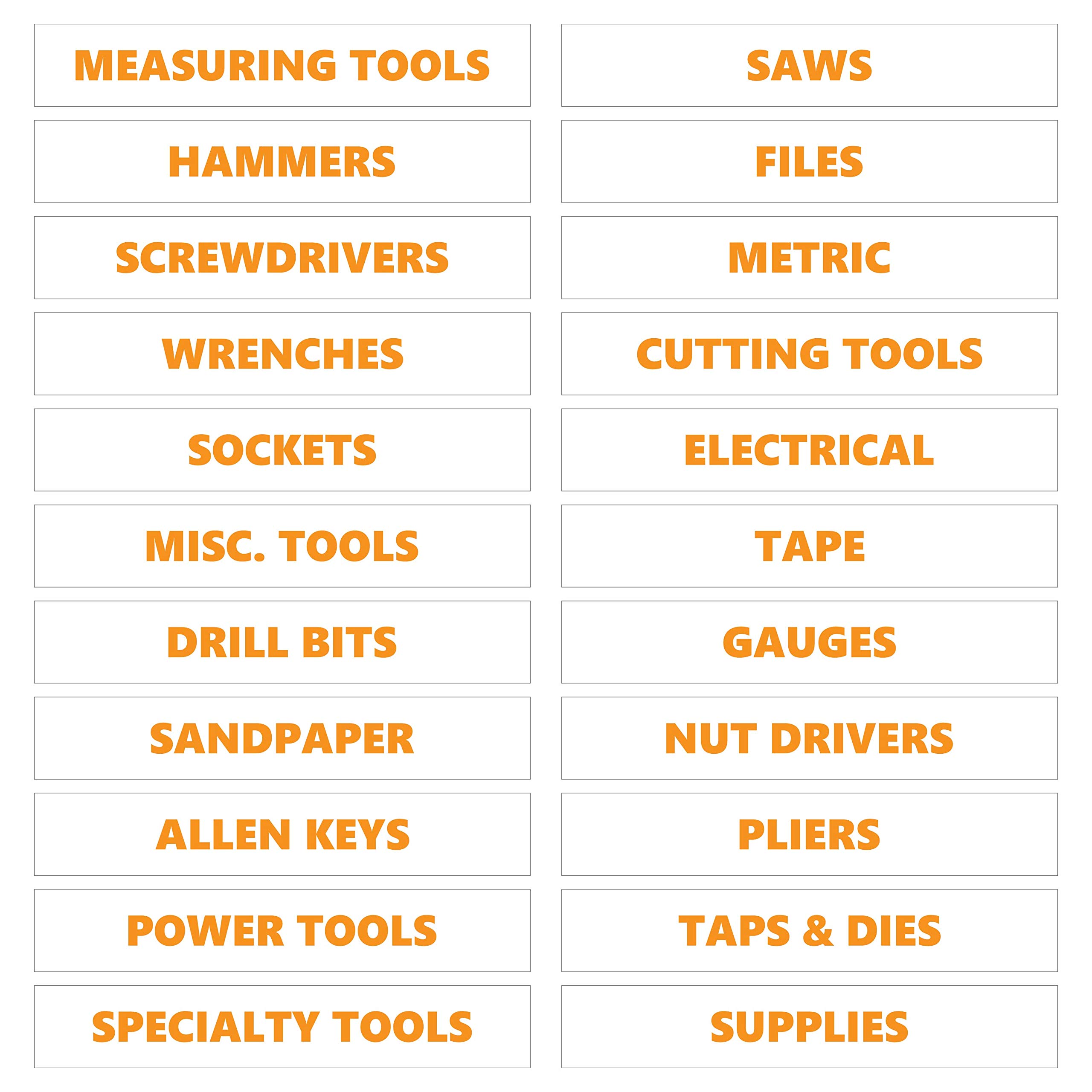 Toolbox Magnetic Labels – Orange Inverted | 0.75”H x 4.5”W Size | 22-Piece Basic Set by DCM Solutions | Tool Drawer Organizer | Bold, Easy-to-Read |