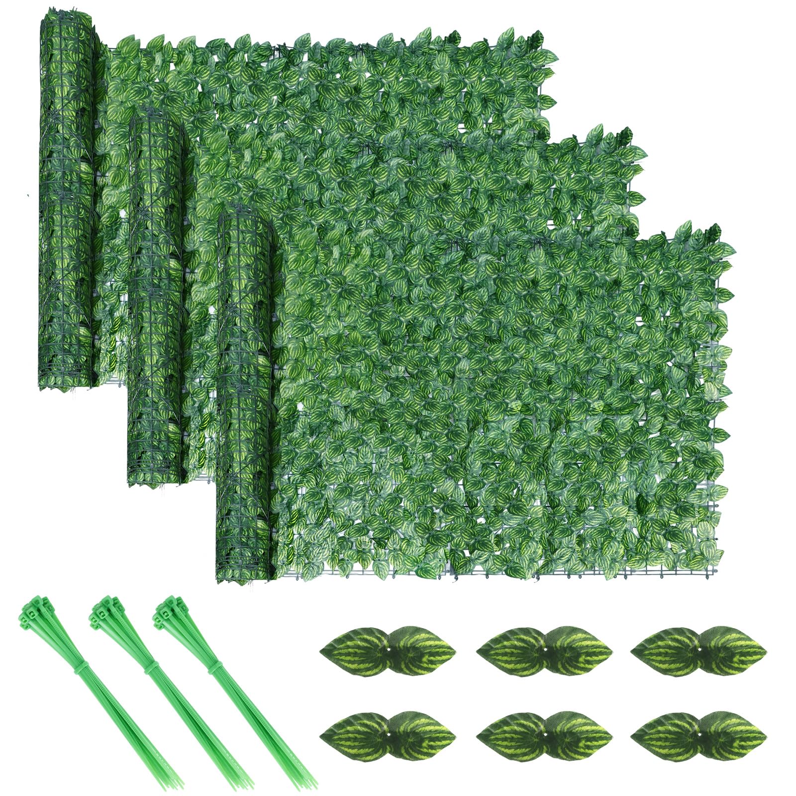 3PCS Artificial Ivy Fence Screening, 5m x 1m Artificial Hedge Screening, Privacy Fence Screen Artificial Hedge Roll, Artificial Trellis Screening with 100 Zip Ties for Garden Balcony Outdoor Decor