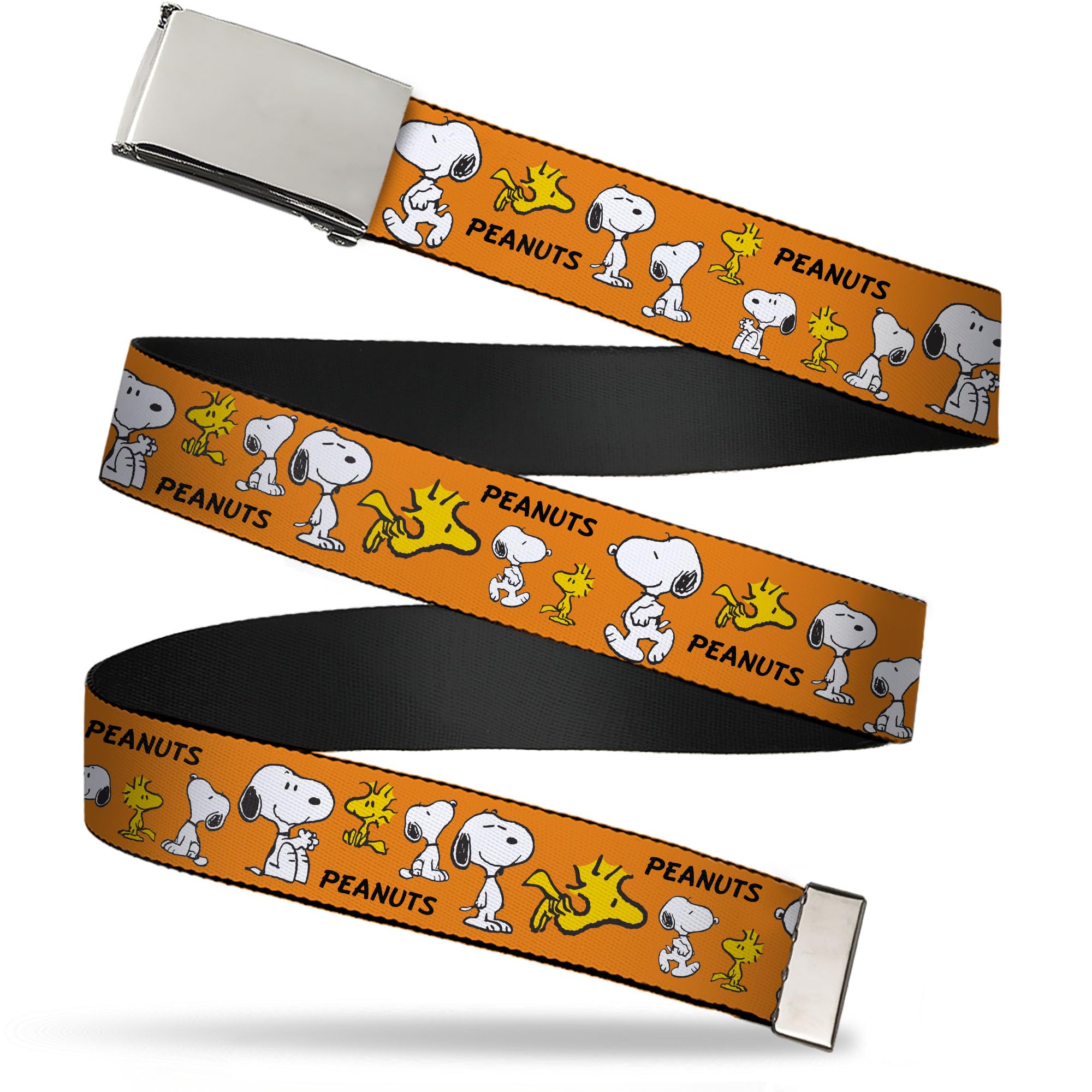 Buckle-Down Unisex Multicolor Adjustable Belt, Clamp Buckle, Cut-To-Fit, Peanuts Snoopy And Woodstock Poses Collage Orange, 1.5" Wide - Fits Waist Up To 42"