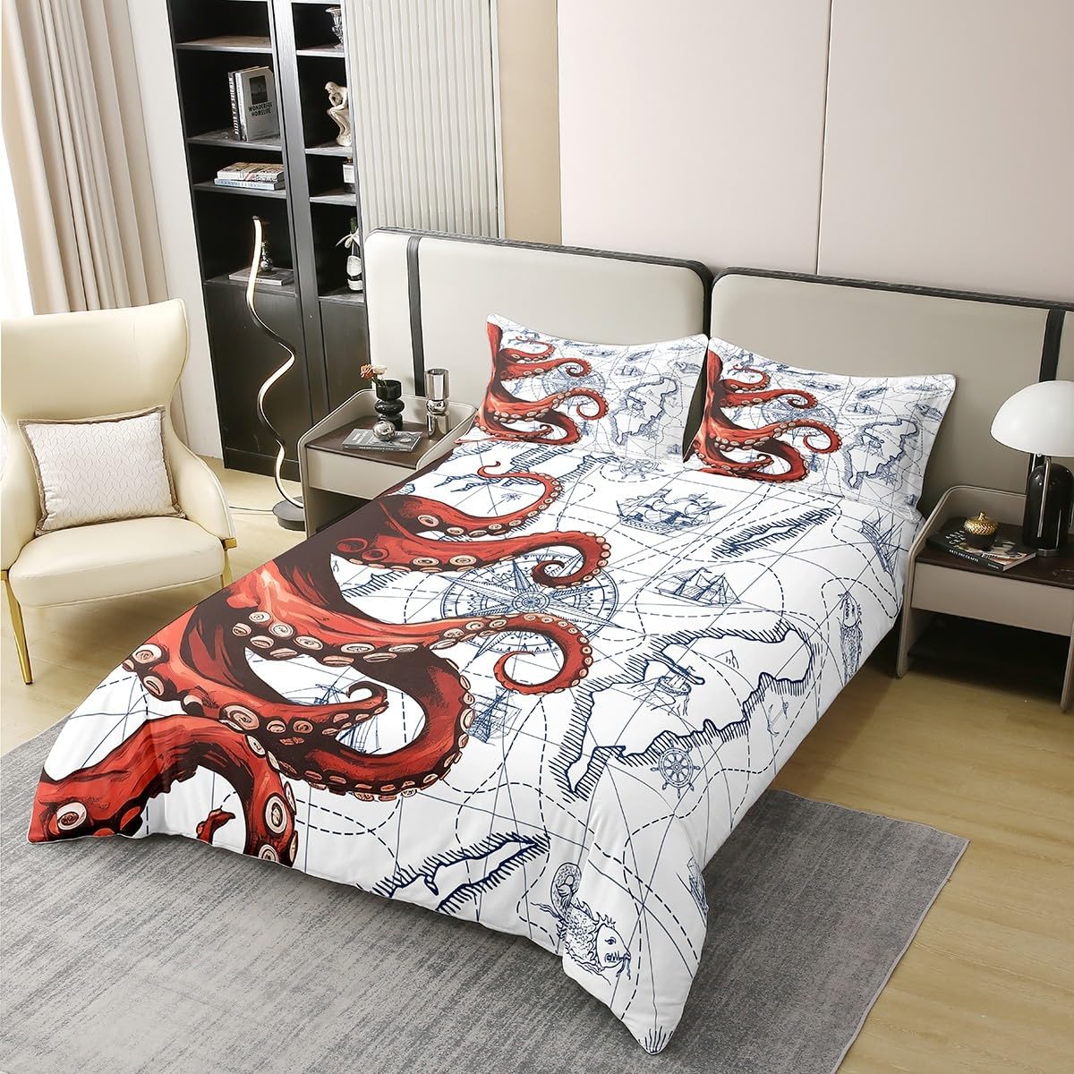 Queen Size 100% Cotton Orange Octopus Duvet Cover Nautical Style Compass Bedding Set Ocean Adventure Comforter Cover Set Mystery Sealife Bedspread Cover Room Decor Bedclothes Zipper,No Comforter