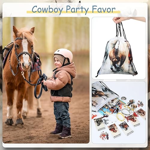 Vista 4 de 114 piezas de suministros de fiesta temática de caballos con bolsa de cordón, mini figuritas, llavero, pulseras de silicona, insignias, calcomanías