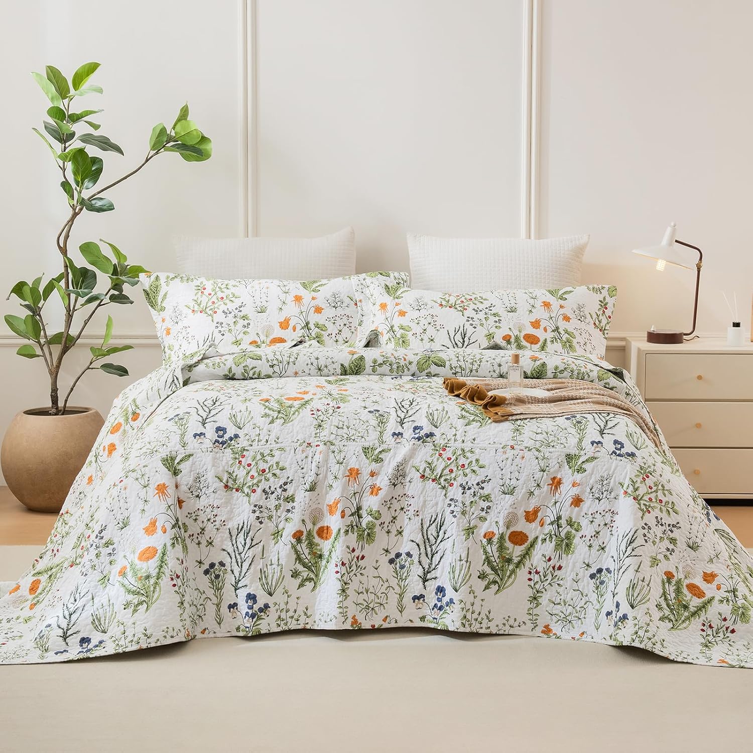 Sanracie Oversized King Quilt 120"x120",100% Cotton Floral Bedspreads California King Extra Large Yellow Flowers Green Plant Pattern Printed Floral Bedding Coverlet Lightweight 3Pcs for All Season - Image 8