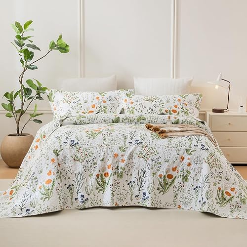 Miniatura 8 de Sanracie Colcha King de Tamaño Extragrande 128"x120", Colchas Florales 100% Algodón California King Extragrande Patrón de Flores Amarillas y Plantas