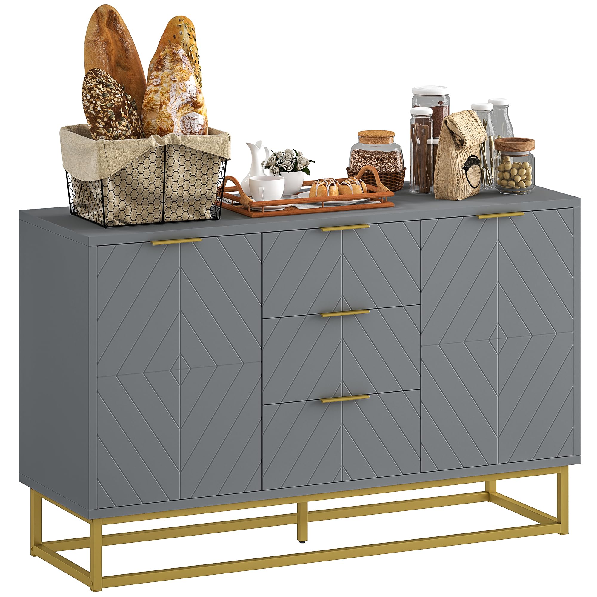 HOMCOM Aparador Moderno Aparador para Salón con 3 Cajones 2 Puertas y Estante Ajustable Mueble Auxiliar para Salón Antivuelco 120x40x76 cm Gris