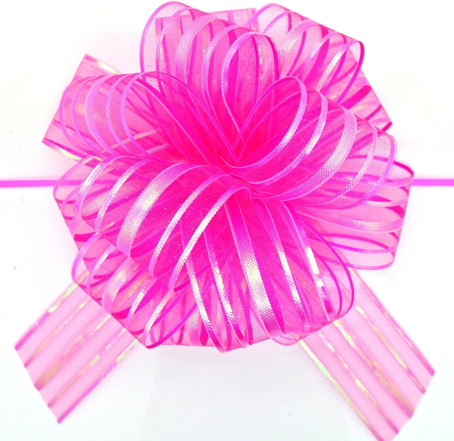 Organza Pull Bows (x2) HOT PINK Large 6" Pom Pom Pull Bow