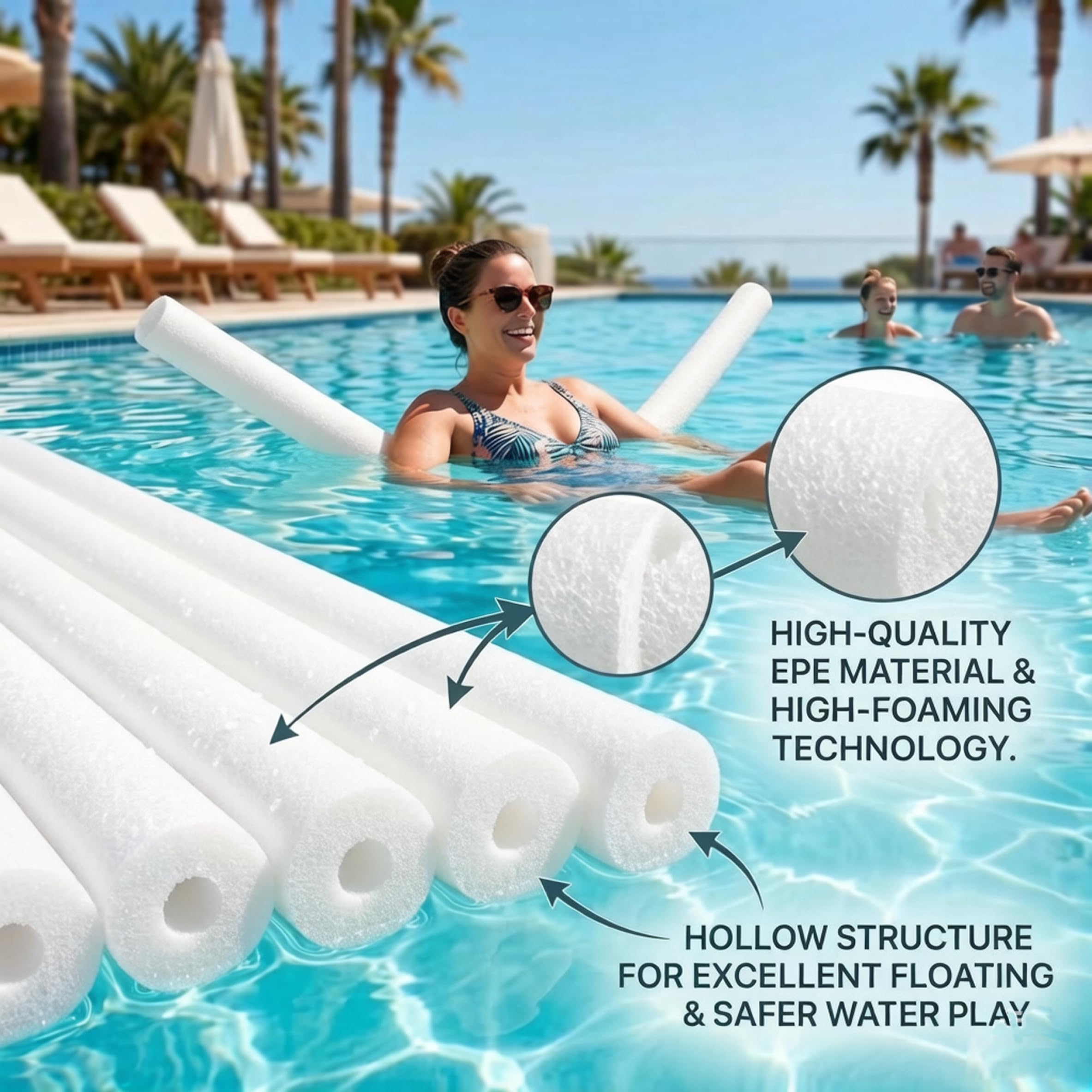 Poolnudeln, 3er-Pack, hohler Schwimmschaum, weiß