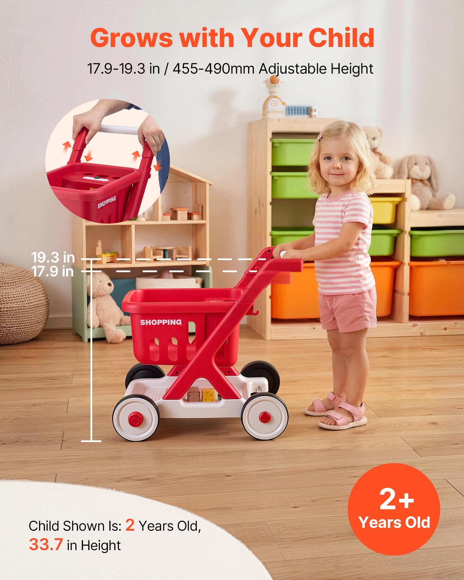 VEVOR Carrello della Spesa Giocattolo per Bambini, Carrello Supermercato Giocattolo, Scan e Sort con Alimenti Finti, Luci e Suoni, Altezza Regolabile, Gioco di Ruolo Supermercato per Bambini da 2 Anni