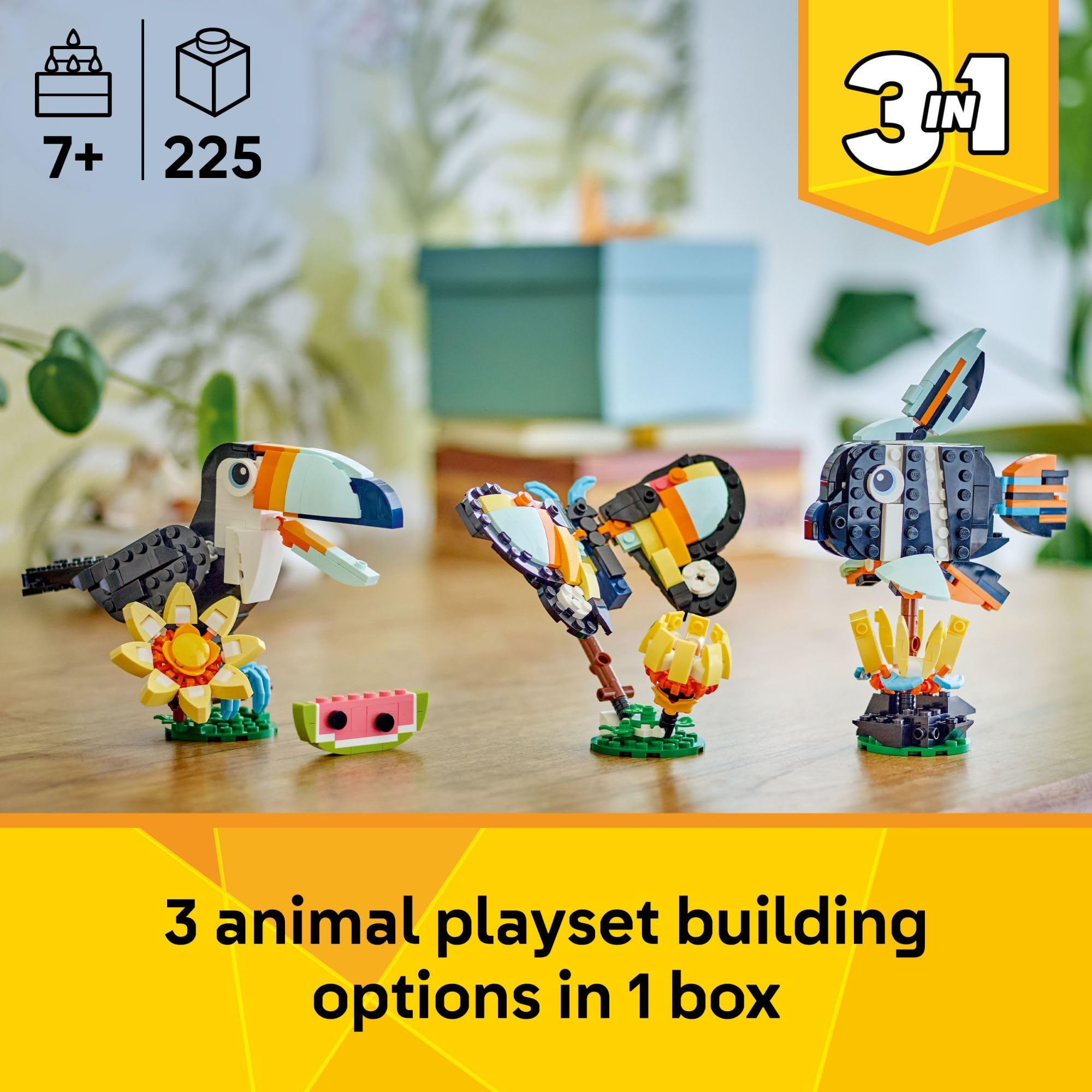 LEGO Creator 3 in 1 Wild Animals: Tropical Toucan Building Toy for Kids- Jungle Building Blocks & Learning Toy for Girls & Boys, Ages 7+ - Build 3 Animal Toys in 1 Set - Gift for Birthdays - 31173