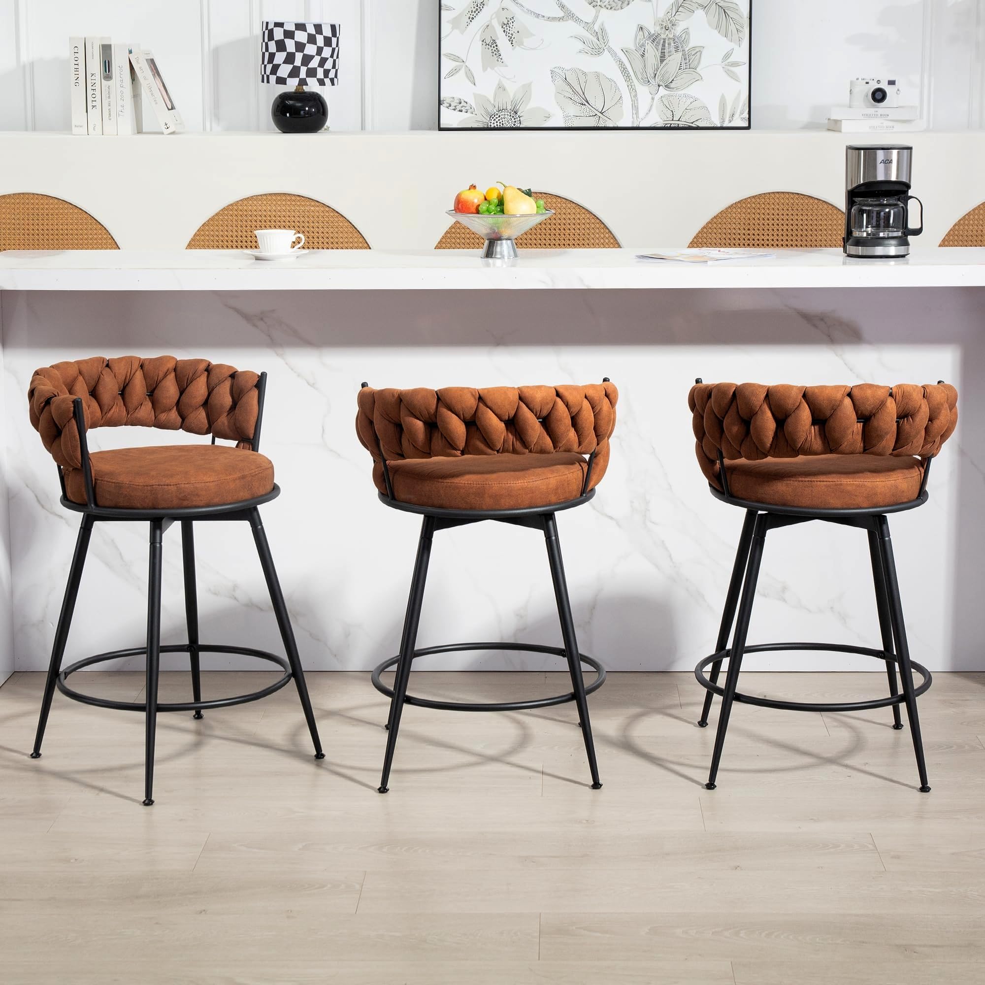 FUNCOLOR HOME Swivel Bar Stools Set of 3, 24 Inches Modern Counter Height Bar Stools with Woven Back, Upholstered Suede Tall Barstools for Kitchen