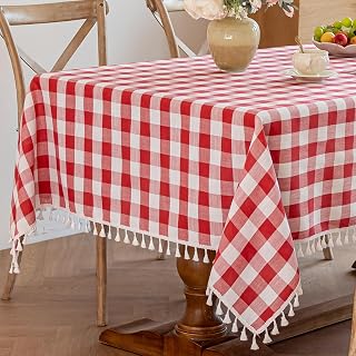 Alsoo Red Gingham Tablecloth Rectangle 55 x 90 Inch, Farmhouse Cotton Linen Blend Table Cloth with Tassels, Washable Wrinkle Resistant Buffalo Plaid Table Cover for Outdoor Dining Picnic
