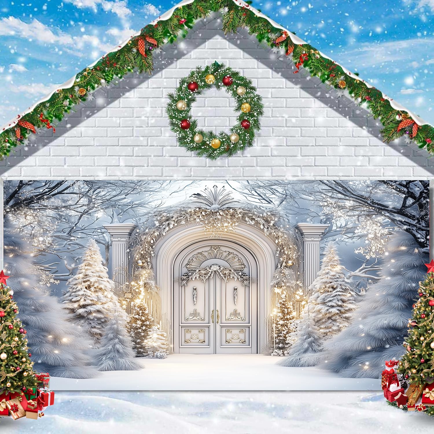 7X8ft Winter Palace Blue Christmas Garage Door Decoration Background Retro Xmas Snowflake Wonderland Christmas Decoration Photo Backdrops Kids