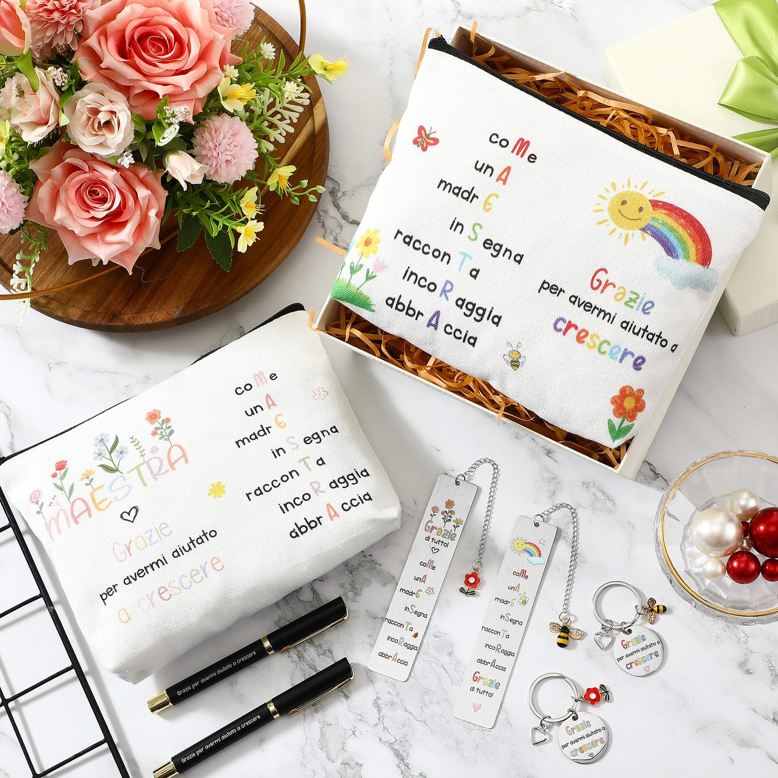 Xuniea 2 Set Regali Maestra Fine Anno Include 2 Segnalibri Maestra 2 Pochette 2 Penne e 2 Portachiavi Idee Regalo Insegnanti Pensieri per Asilo Grazie per Avermi Aiutato a Crescere