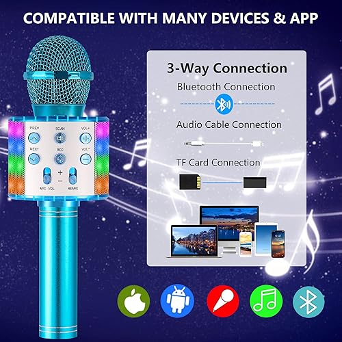 Miniatura 5 de Micrófono de karaoke para niños, inalámbrico Bluetooth portátil de mano, micrófono de karaoke para cantar, con luces LED, regalo para niñas, niños y