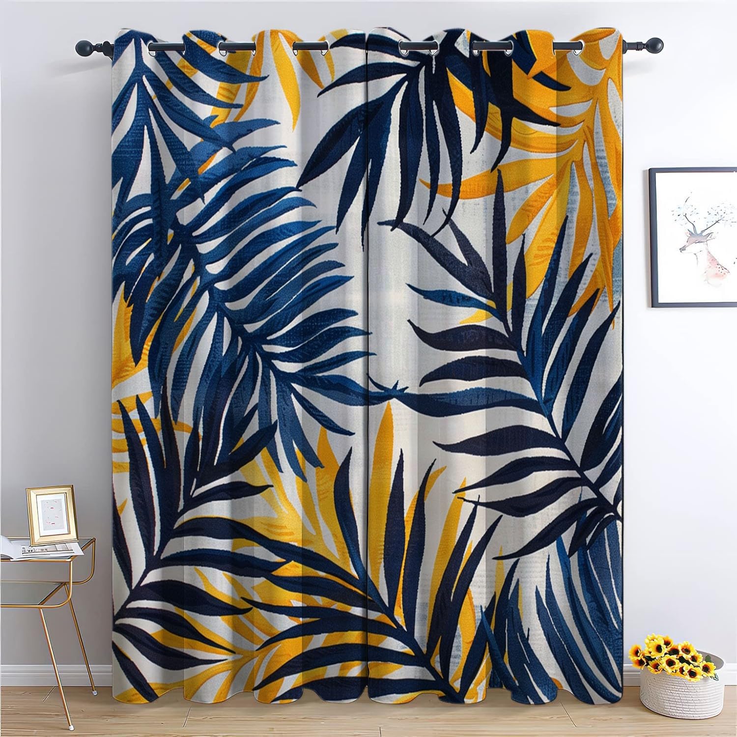 Rideau opaque thermique feuilles bleues l117 x h229 cm isolation thermique de fenêtre