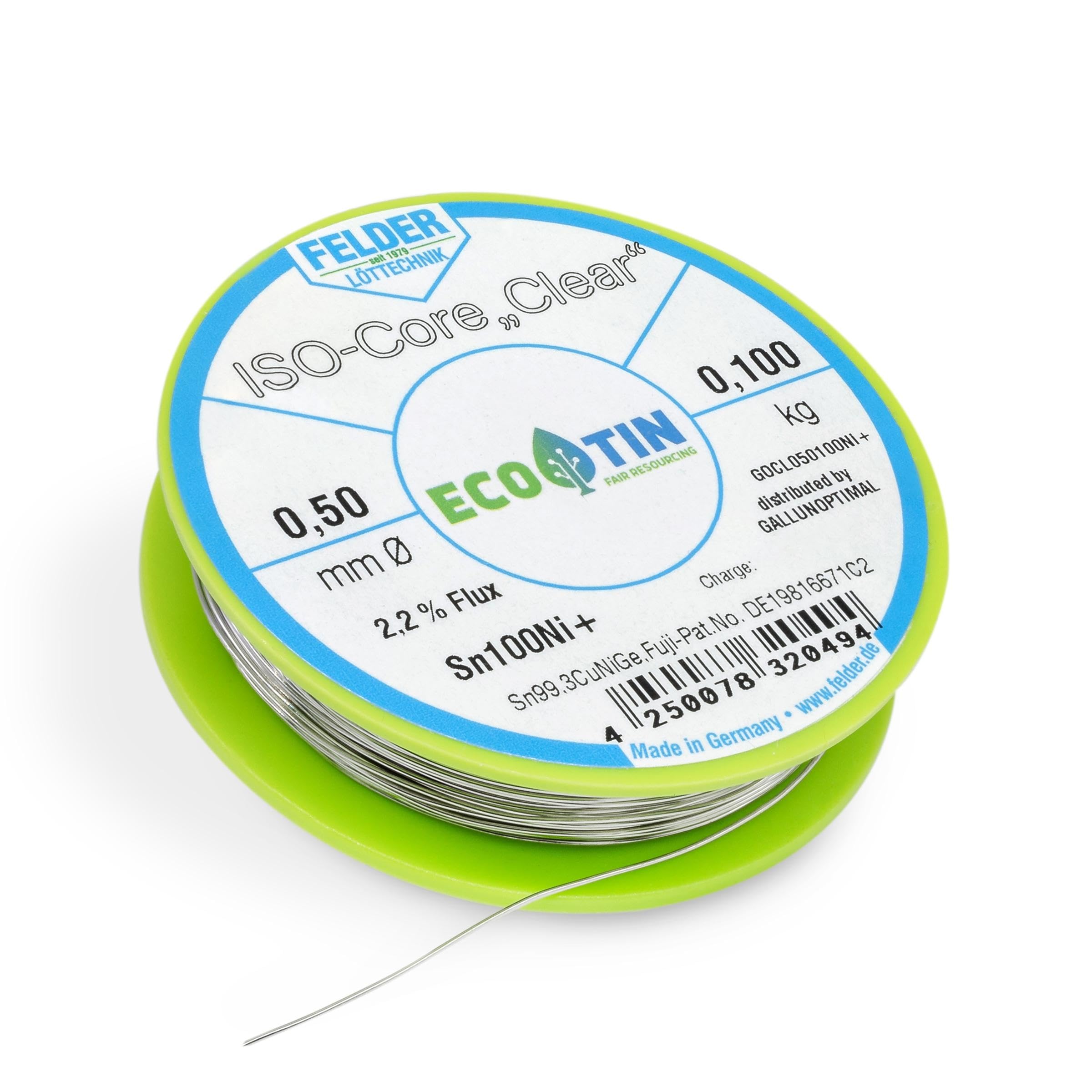 Felder FCL050100Ni+ - Filo per saldatura ISOCore, Clear Sn100Ni+ Sn99,3CuNiGe, 0,5 mm su bobina da 100 g