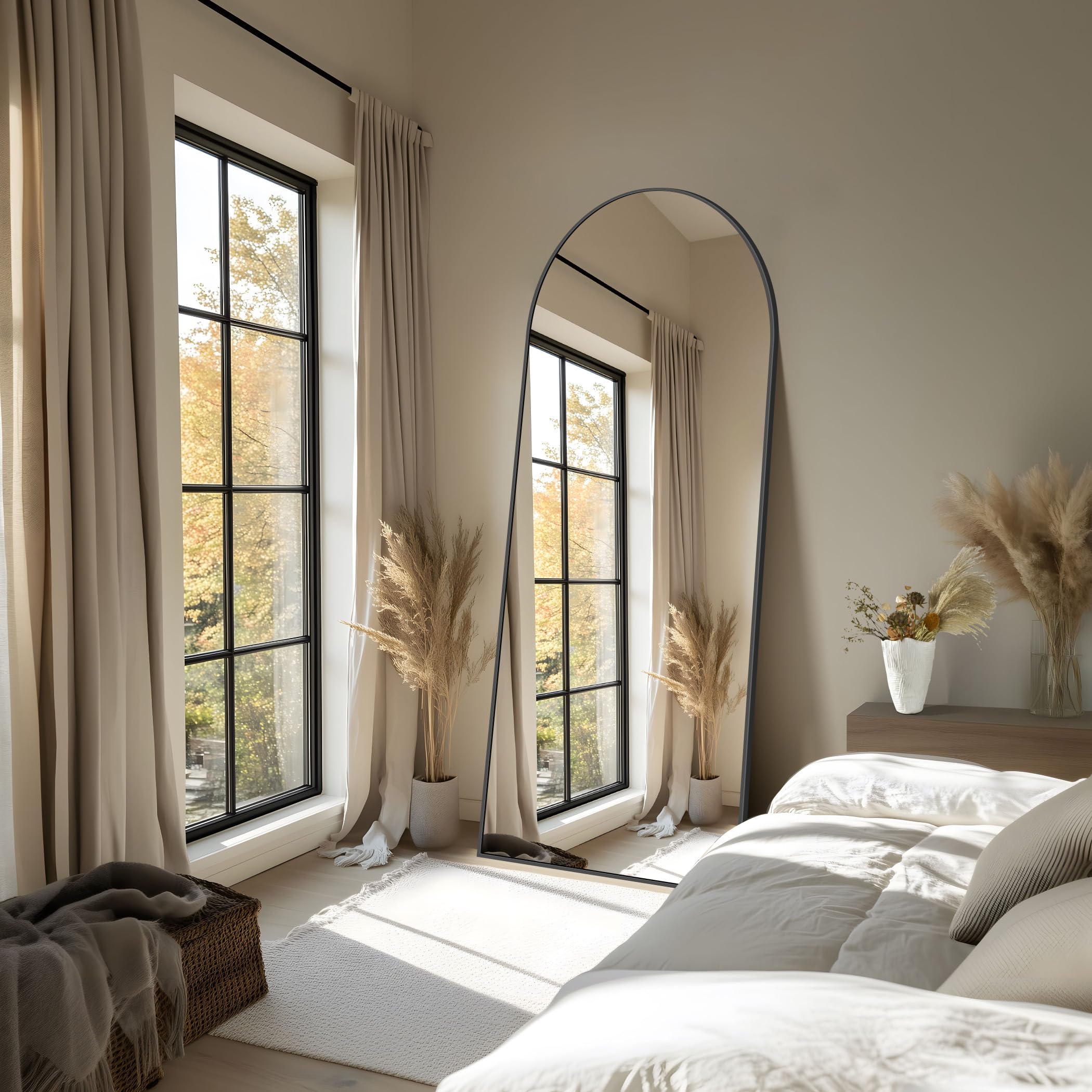 Specchio da Terra, 179 x 65 cm Specchio ad Arco con Cornice in Alluminio Nero per Bagno, Camera da Letto, Ingresso e Corridoio