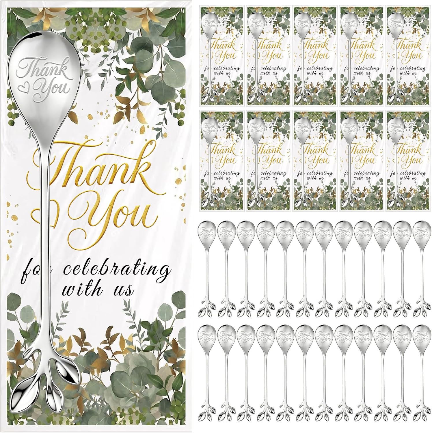 30 Sets Bridal Shower Tea Party Favors for Guests Leaf Tea Spoon with Thank You Card Gift Bags Wedding Souvenirs for guests Bulk (Silver)