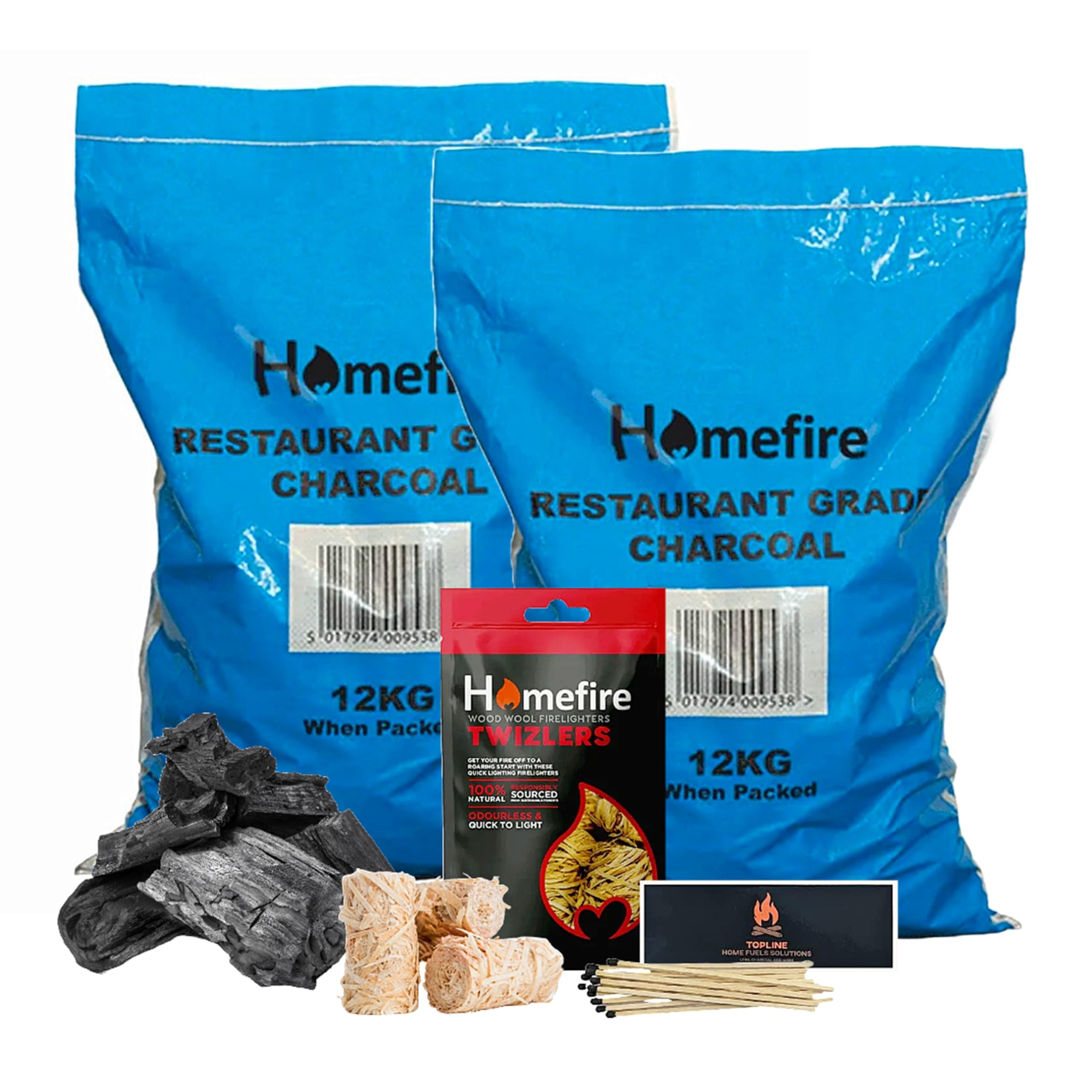 Barbeque Bundle of Restaurant Grade Lumpwood Charcoal 2 x 12kg, Twizlers Firelighters 300g & Topline Long Matches - Perfect Fire Starter Kit for Outdood Barbecues, Camping BBQs...