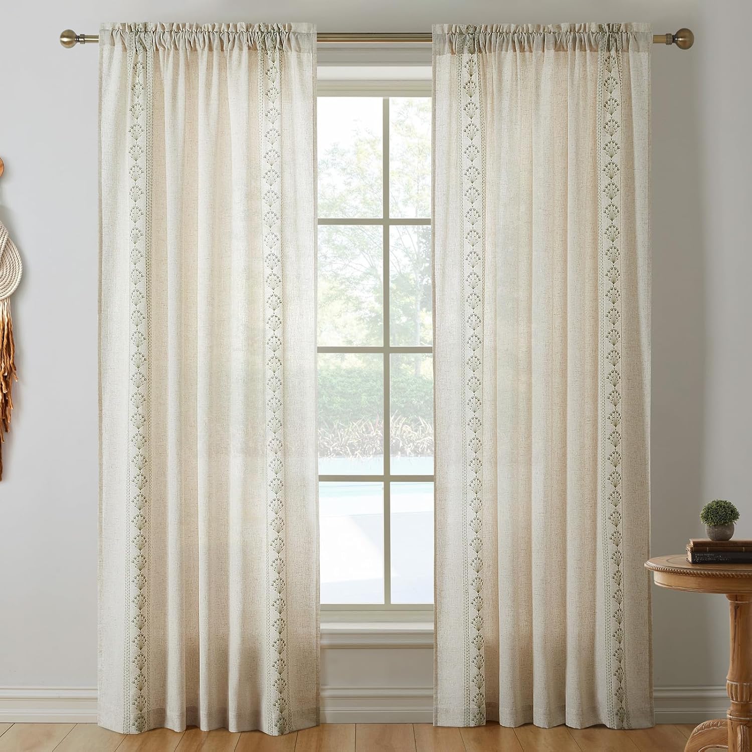 Modern Farmhouse Linen Curtains 120 Inches Length 2 Panels, Embroidered Semi Sheer Curtains for Living Room Bedroom, Light Filtering Boho Country Drapes, Sage Green Floral on Beige