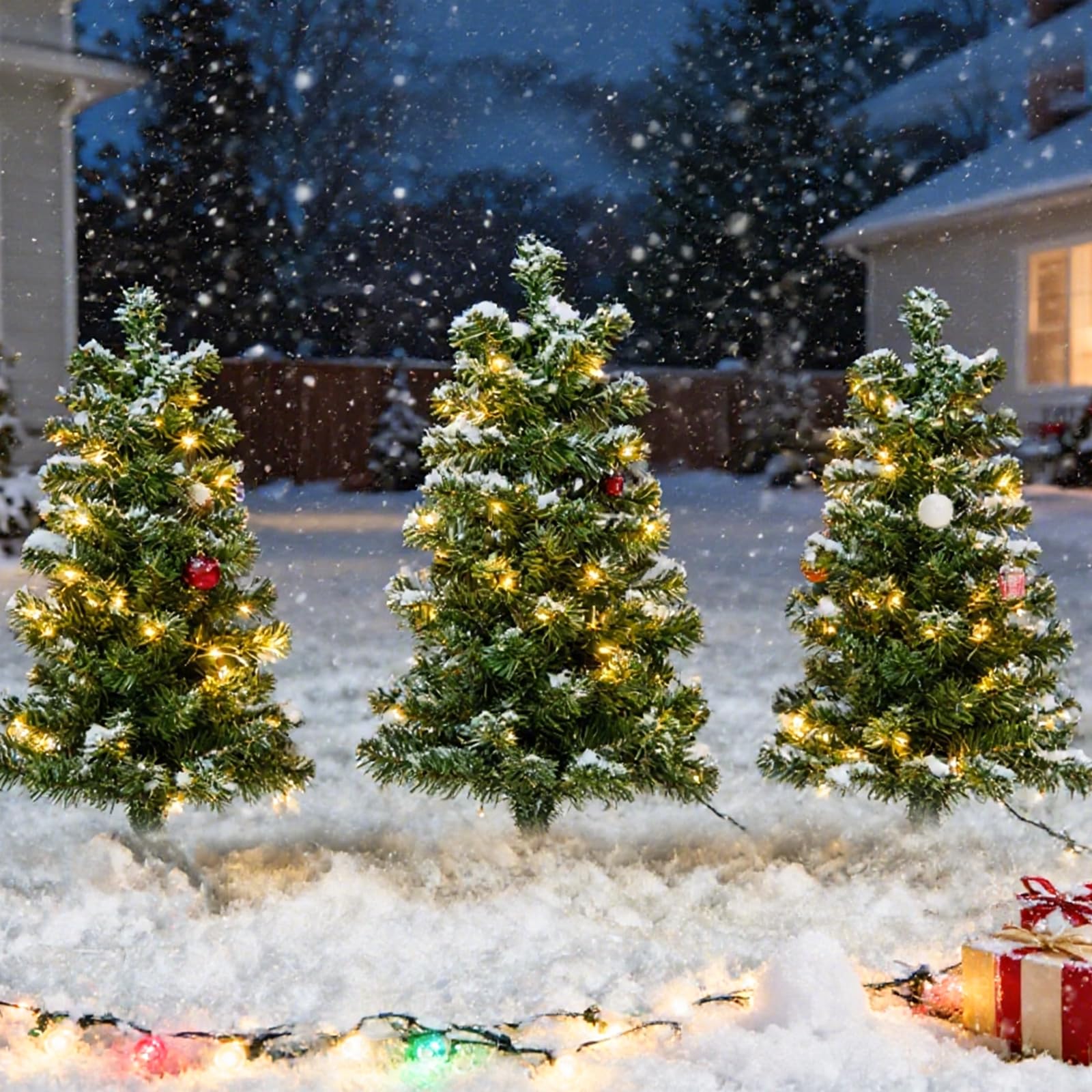 SALCAR 3er-Set Künstlicher Weihnachtsbaum 60 cm mit Beleuchtung – PVC Tannenzweige mit Erdspieß, ideal für Außenbereich und Gartendeko