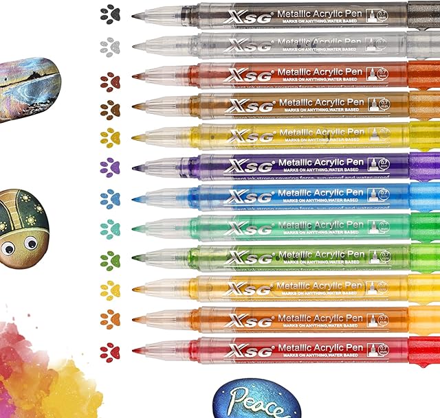Metallic Acrylic Paint Pens for Rock Painting,12 Colors Acrylic Paint Pens for Black Paper Glass Stone Canves Pebbles Wood Gift Card Easter Egg, Ceramic Craft Supplies