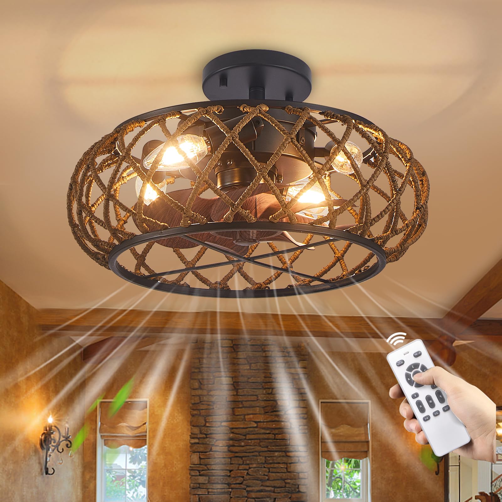 RVONOW Matte Black Bohemian Rattan Ceiling Fan with Light, 6 Wind Speed Adjustable, Reversible Motor, Timers, Remote Controlled, Energy Efficient