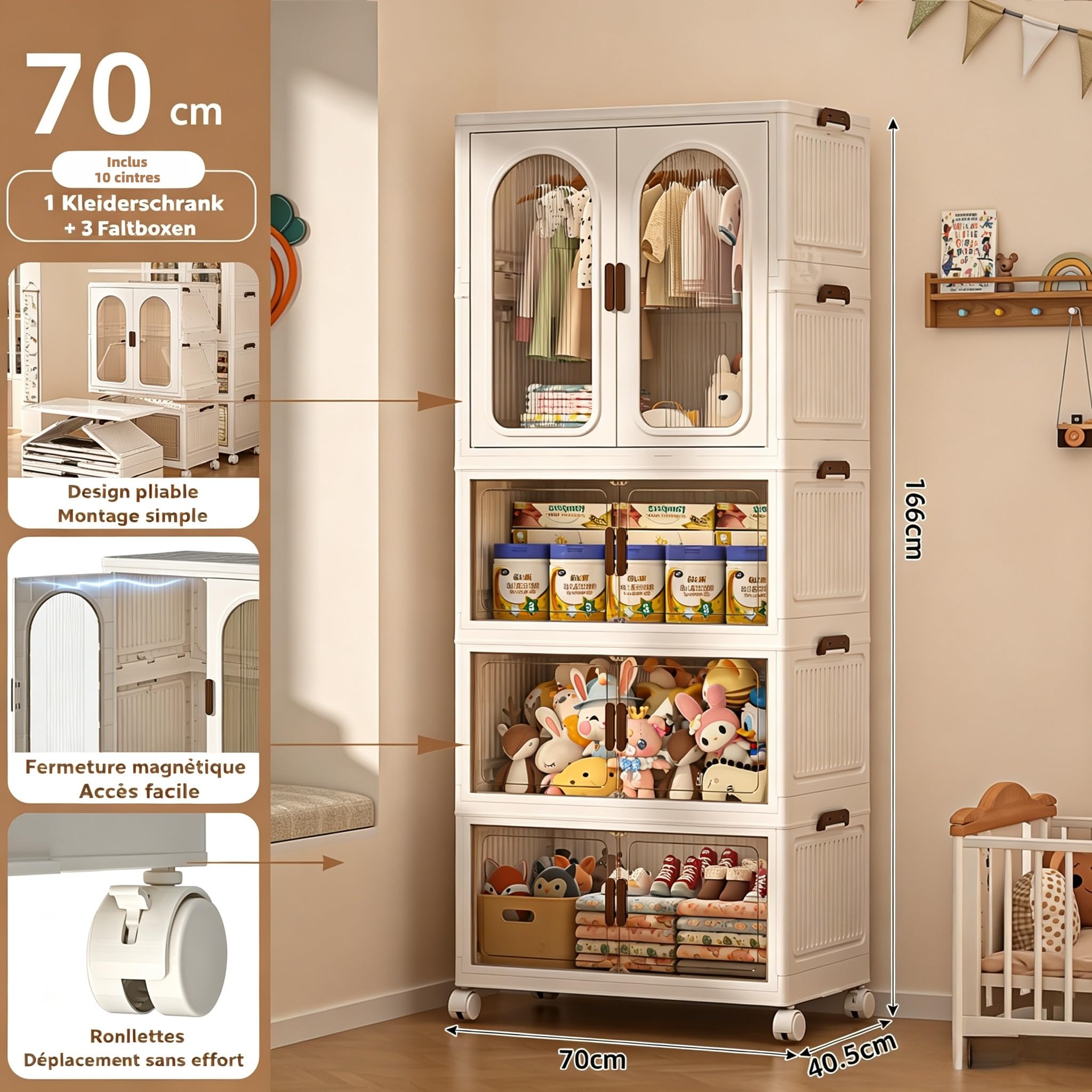 Faltbarer Kleiderschrank mit Rollen, 455L, 4 Ebenen Kunststoffschrank, Transparente Türen, Staubdicht & Feuchtigkeitsbeständig, 70 x 40,5 x 136 cm