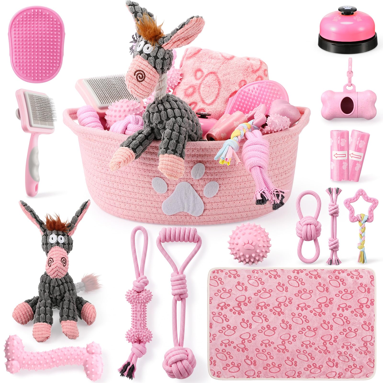 Zopeal 17-teiliges Sommer-Welpen-Geschenk-Set, Hundespielzeug und Essentials-Set mit Kauspielzeug, Kotbeutelspender, Fellpflegebürste, Trainingsglocke, Decke und Seilkorb (Rosa, Esel)