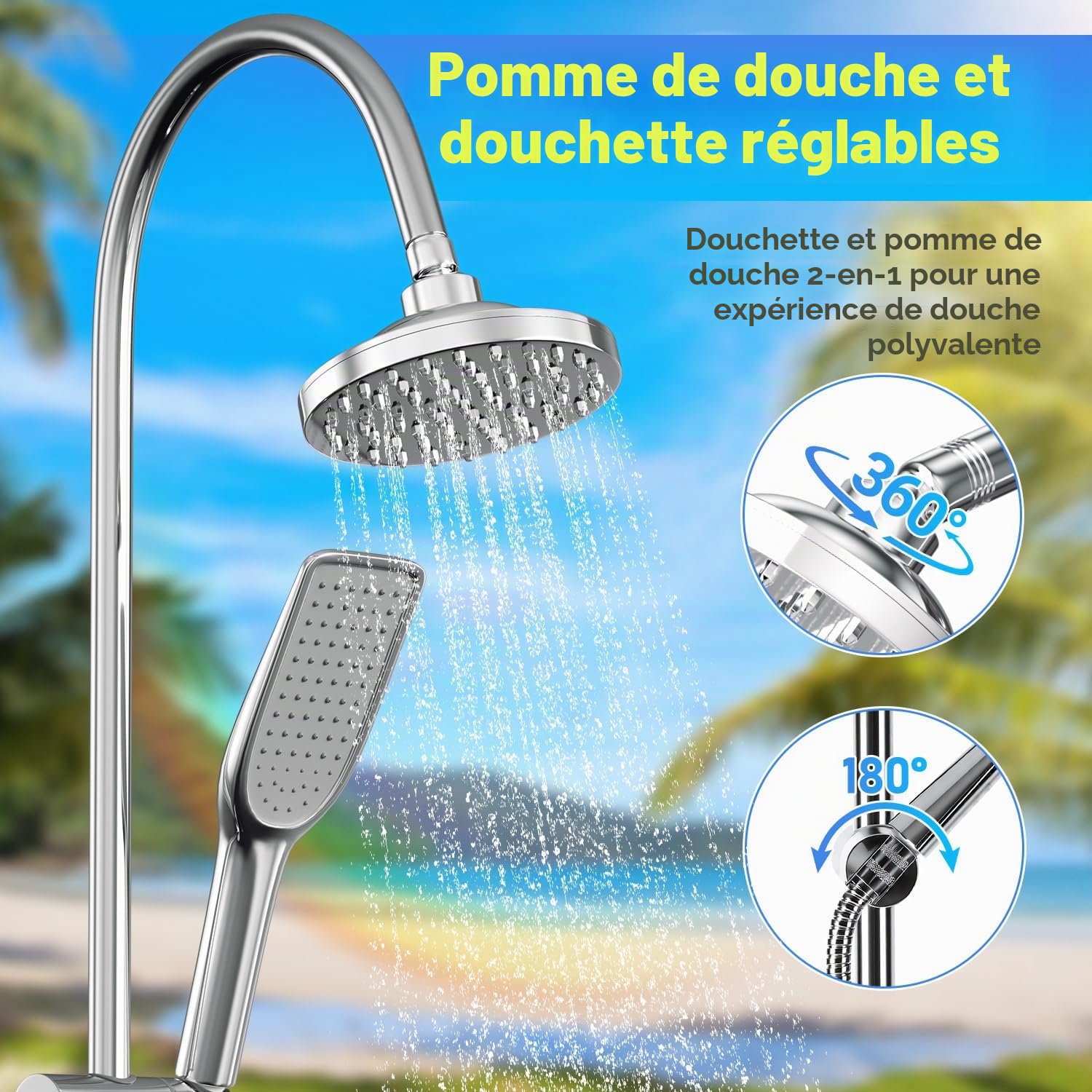Douche solaire 20 litres – Demi-colonne avec robinet noir – Douchette à main, couvercle de protection et bonde d'eau inclus – Douche de jardin et de camping sans électricité