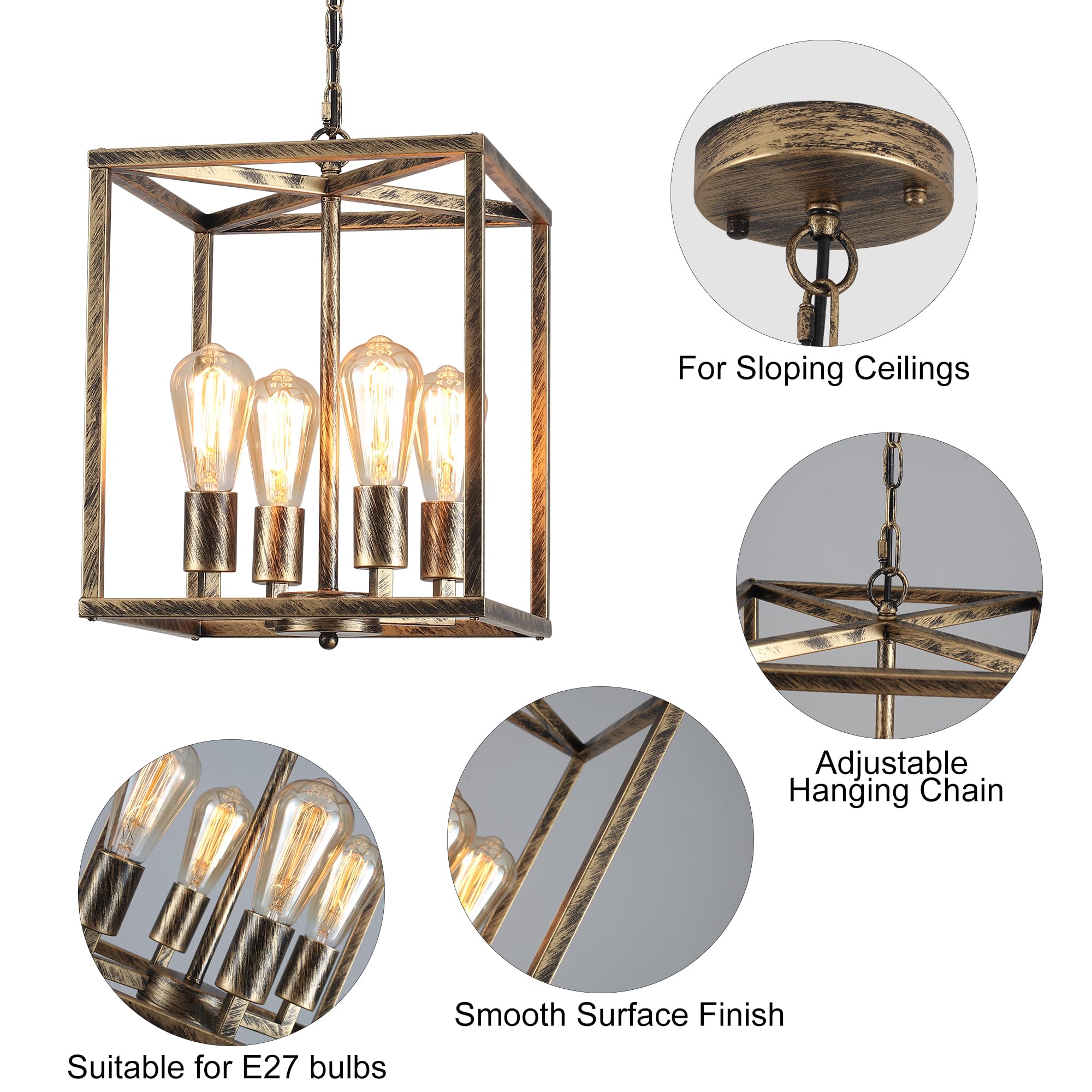 Qcyuui Lampadario Industrial a 4 Luci Lampadario A Sospensione Industriale In Metallo, Apparecchio Di Illuminazione a Sospensione Rustica Bronzo Per Fattoria Per Corridoio Isola Cucina Foyer