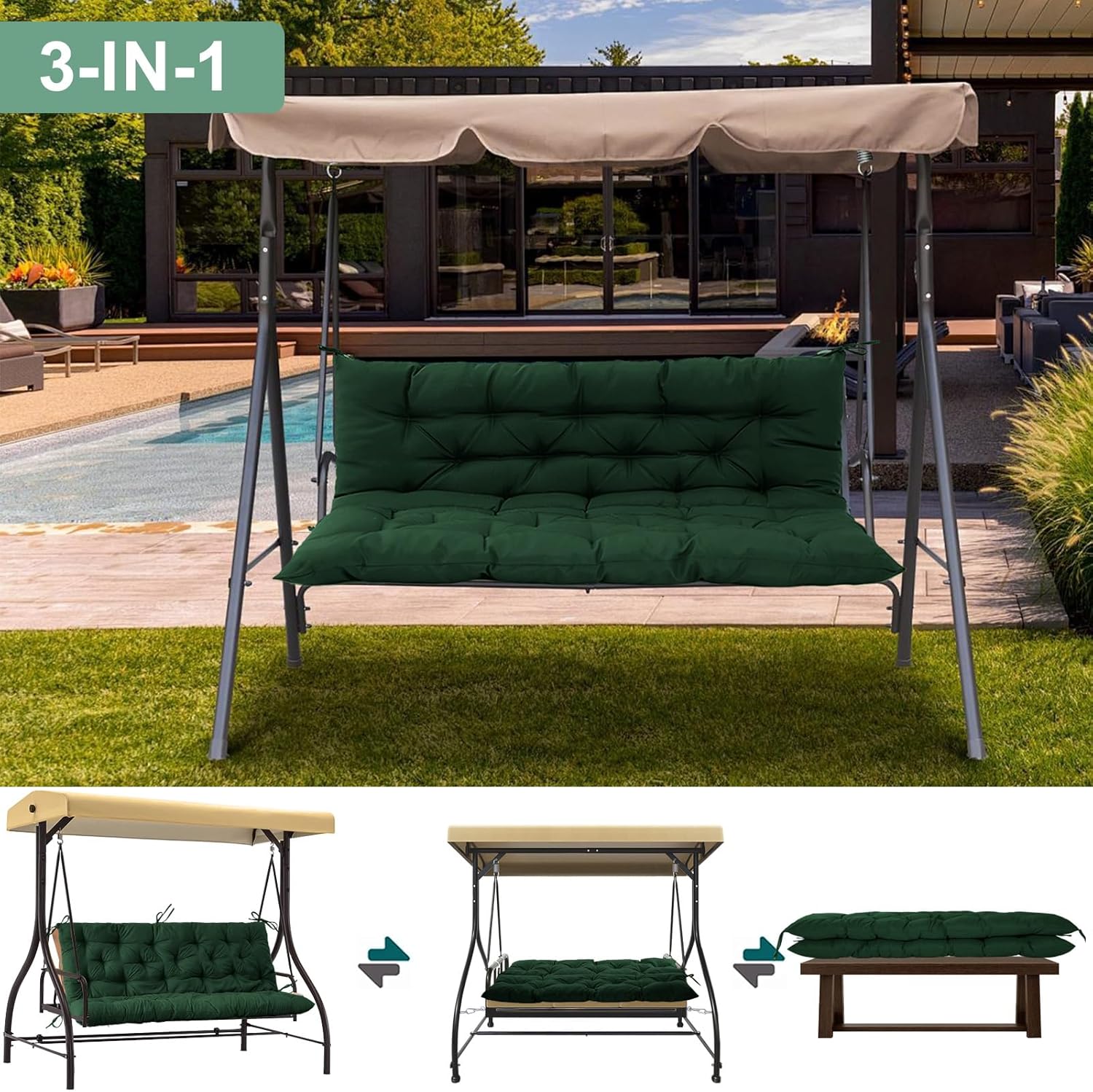 VKETU Porch Swing Cushion Three Seat, Waterproof Swing Cushions Replacement with Backrest, Outdoor Garden Furniture Patio 4 Thickened Cushions with Ties (Dark Green, 40x70in)