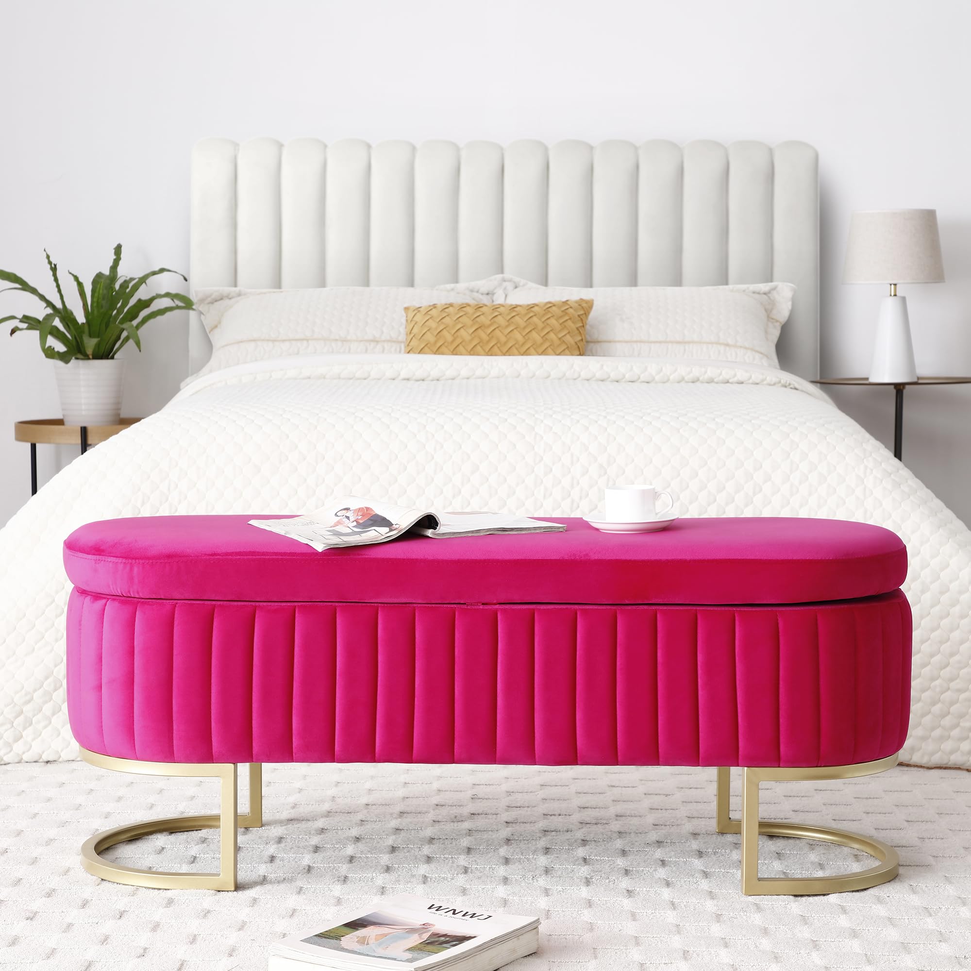 DRKAT Velvet Upholstered Storage Bench With Gold Legs - 46" End Of Bed Bench, 300 Lb Capacity, Ivory, Modern