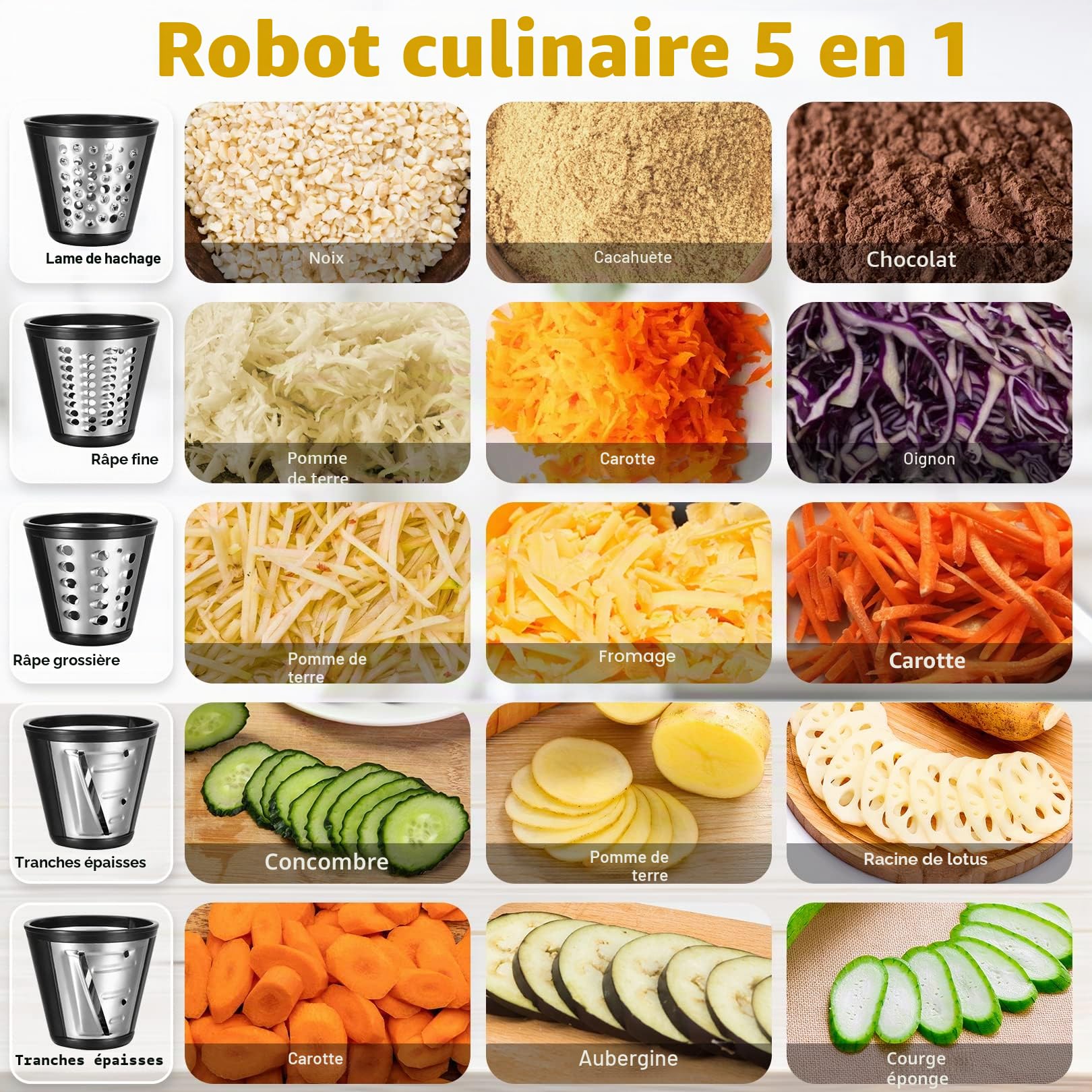 Mandoline électrique professionnelle 150 W, 5 en 1, en acier inoxydable, avec 5 tambours de coupe pour fruits, légumes, fromages et utilisation quotidienne, Argent/Noir