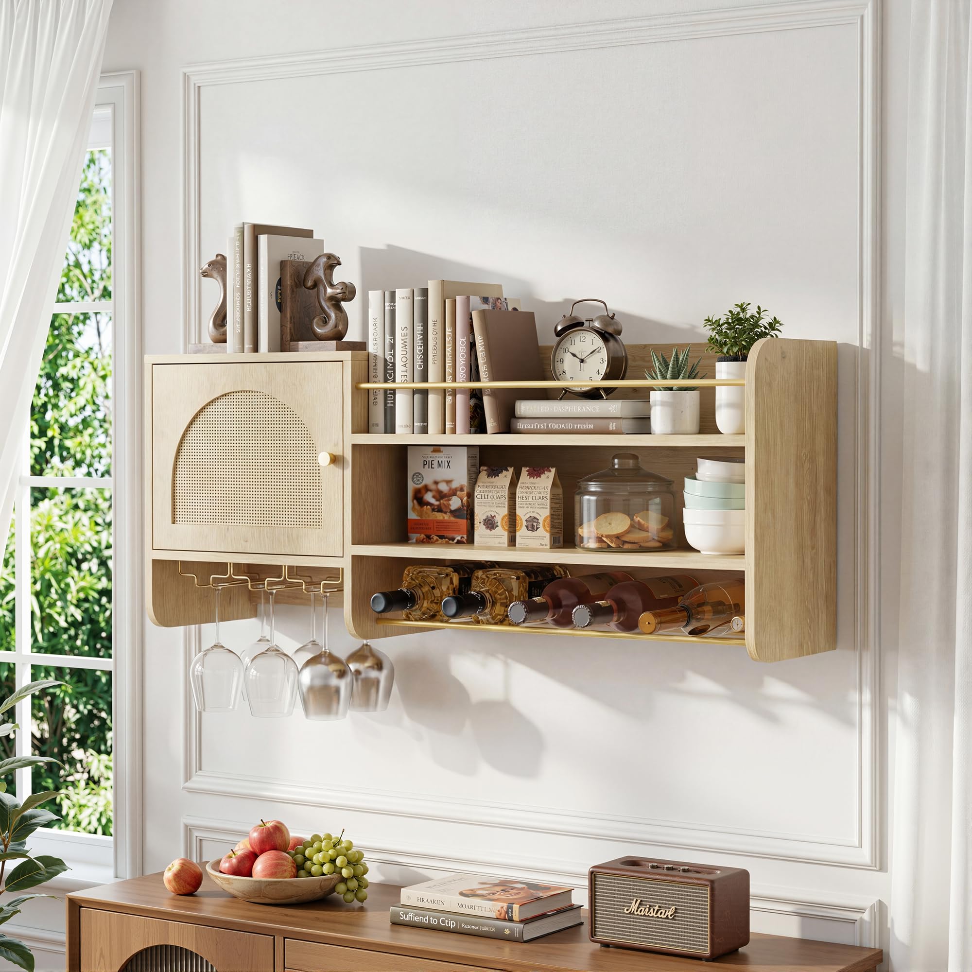 BonVache Weinschrank, mit verstellbaren Weinregalen und Glasablagen, Getränkelagerung, Küchen-Weinregal, geeignet für Esszimmer und Wohnzimmer, in Naturholzoptik