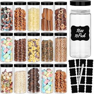 EkkoVla 16 Pack 16 oz Clear Plastic Jars Wide Mouth Round Containers with Black Lids, BPA FREE, Empty Multi-use Refillable Storage Jar with Airtight Lid for Cosmetics, Beauty Products